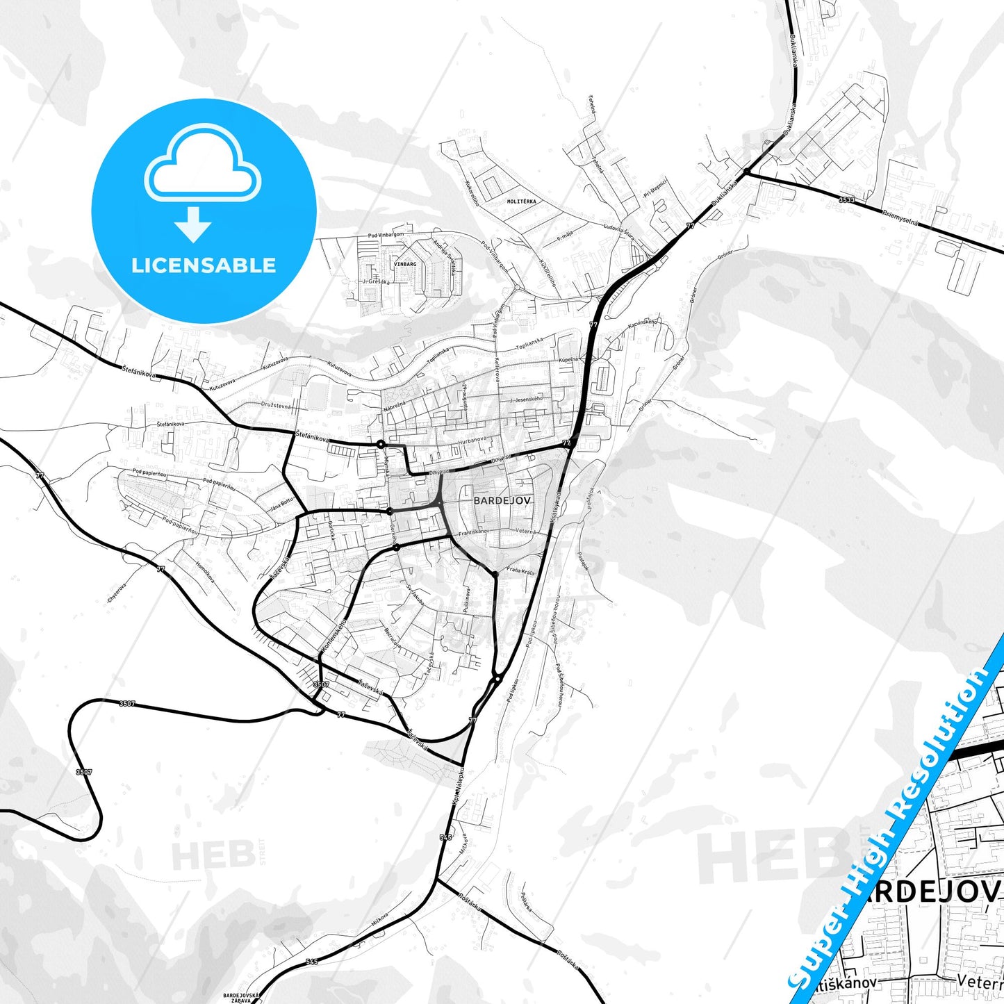 Bardejov, Slovakia Light Map with Street Names, City Names, and Districts