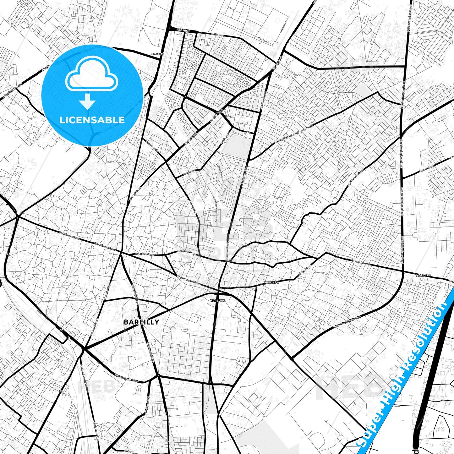 Bareilly, India Light Map with Street Names, City Names, and Districts