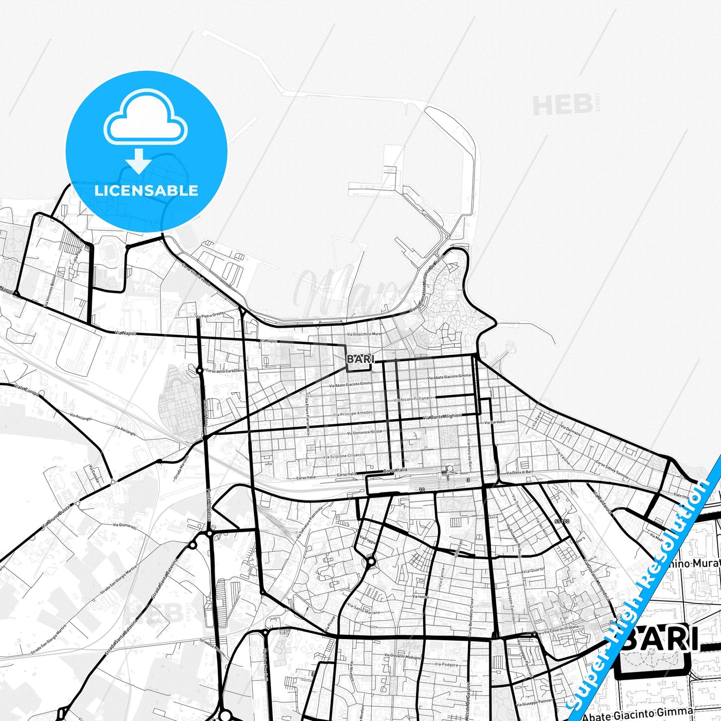 Bari, Italy Light Map with Street Names, City Names, and Districts