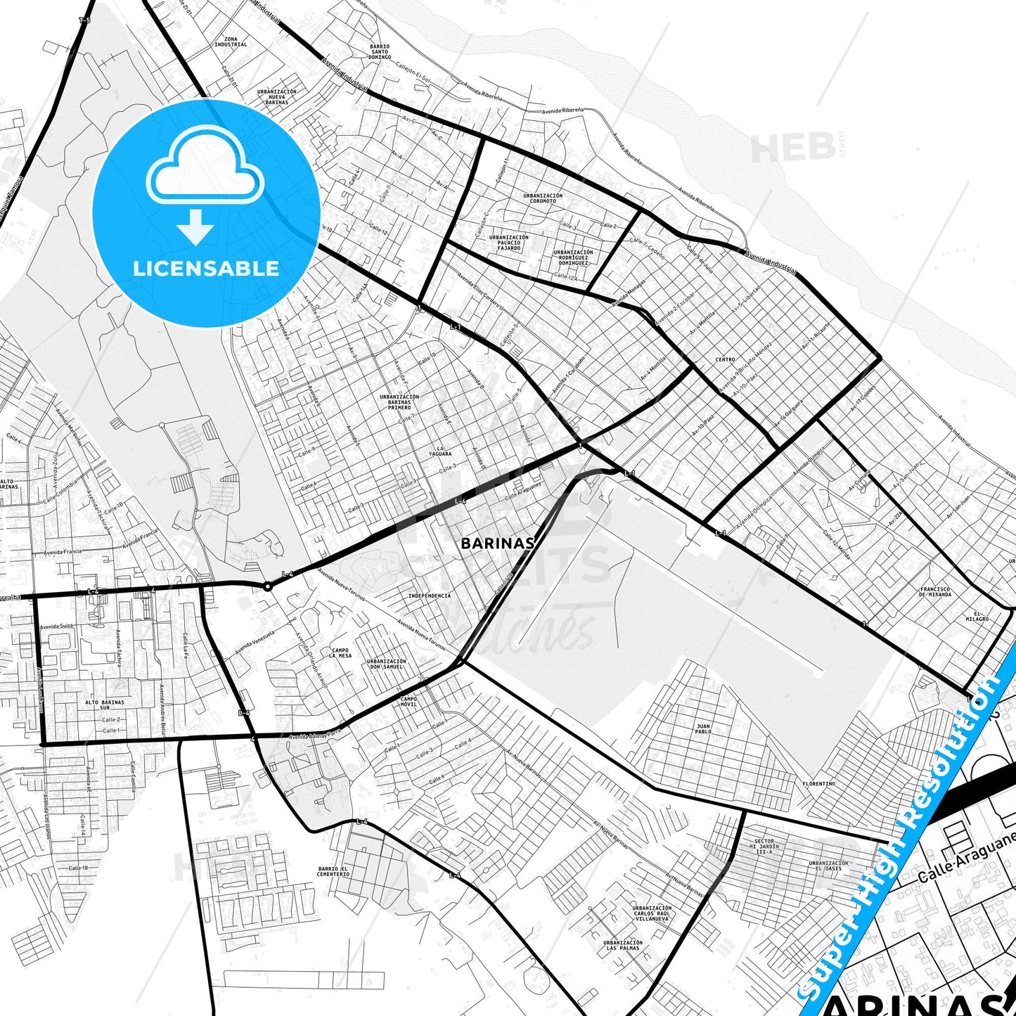 Barinas, Venezuela Light Map with Street Names, City Names, and Districts