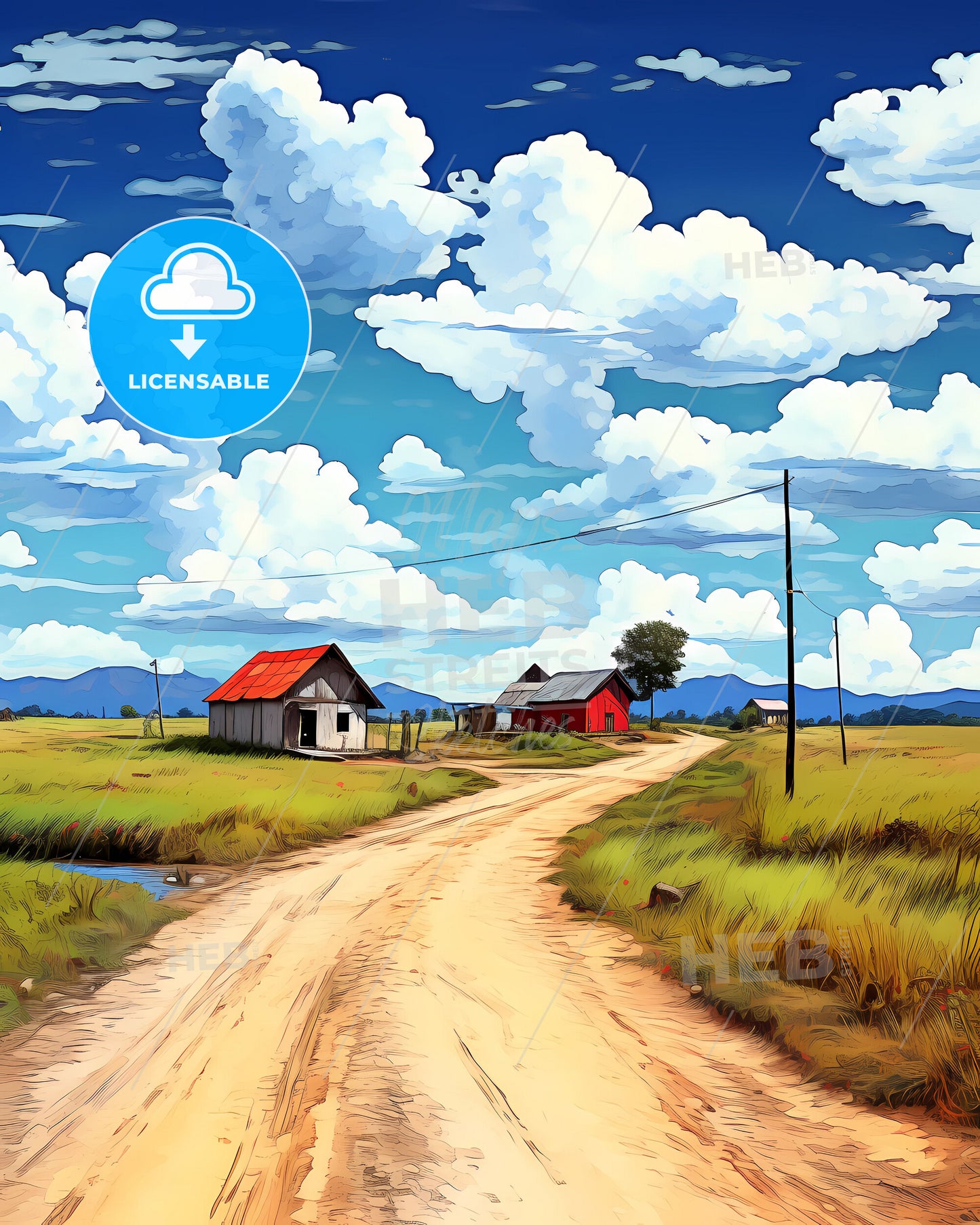 Vibrant Art Painting: Dirt Road to Farm in Barinas Venezuela Skyline