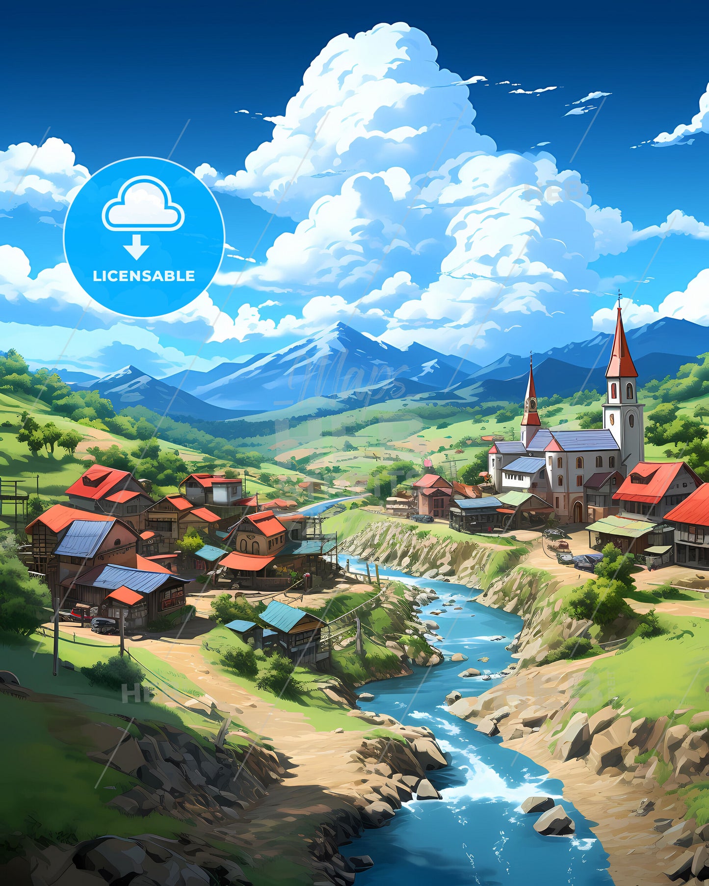 Artistic Watercolor Painting of Barinas Venezuela Skyline Depicting a River Town