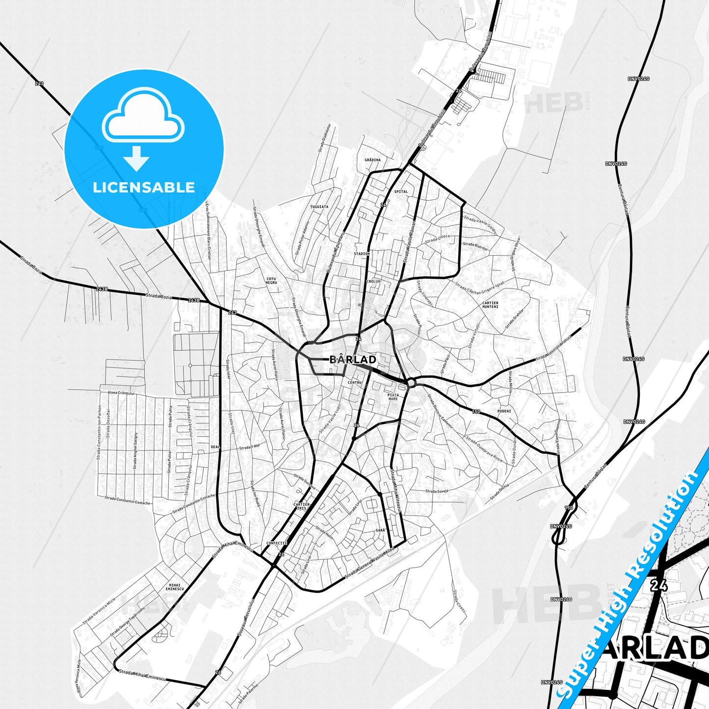 Bârlad, Romania Light Map with Street Names, City Names, and Districts