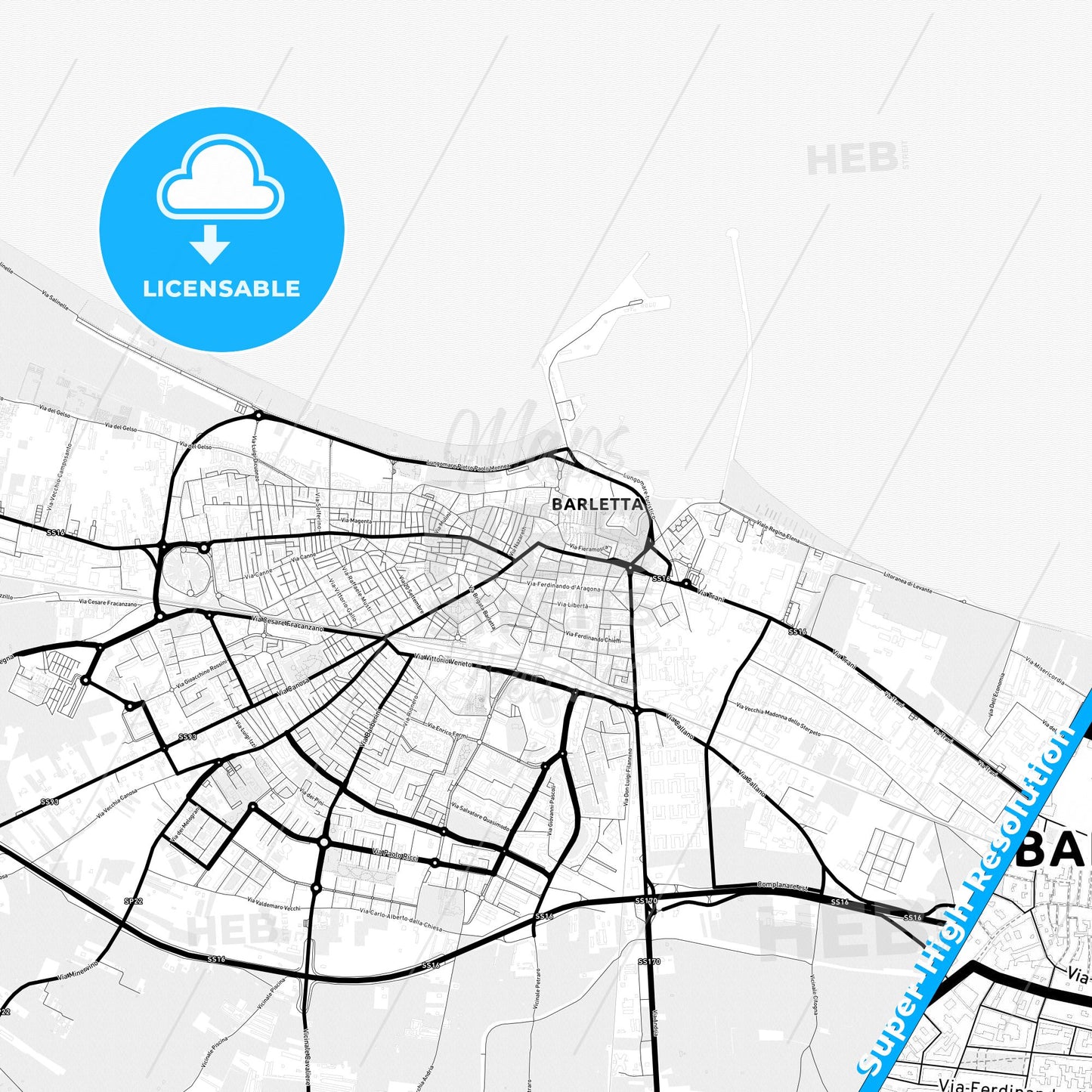 Barletta, Italy Light Map with Street Names, City Names, and Districts