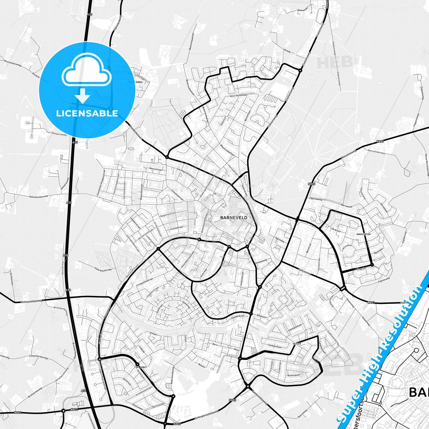 Barneveld, Netherlands Light Map with Street Names, City Names, and Districts