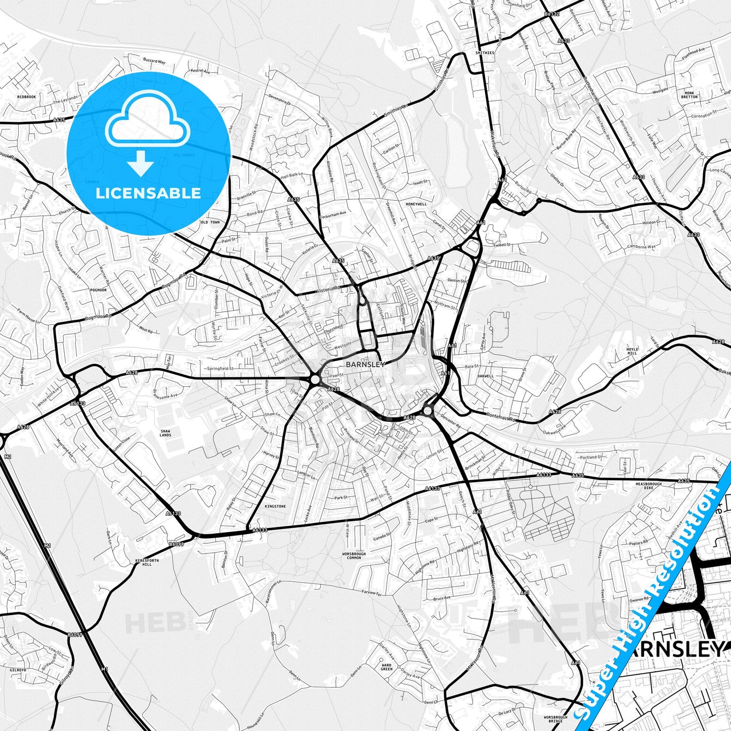 Barnsley, England Light Map with Street Names, City Names, and Districts