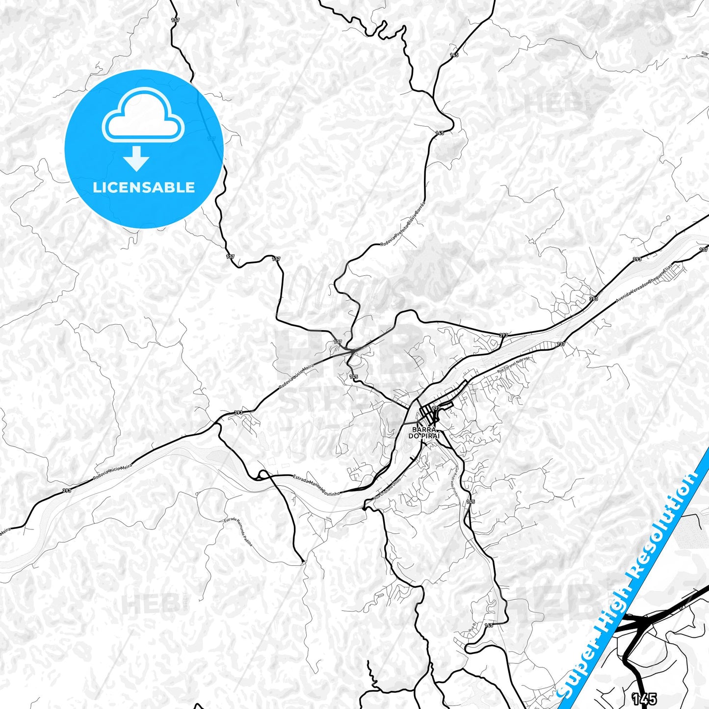 Barra do Pirai, Brazil Light Map with Street Names, City Names, and Districts
