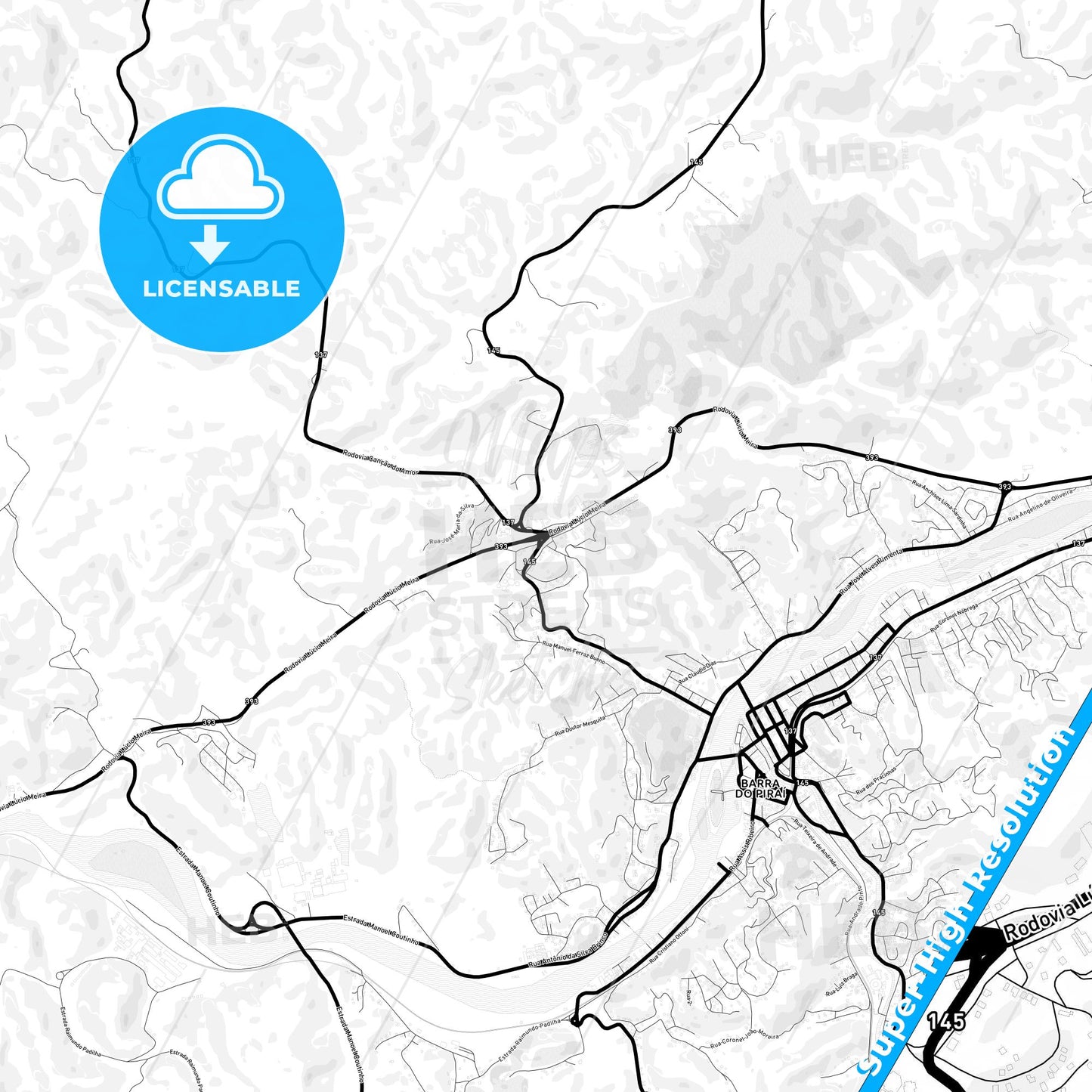 Barra do Pirai, Brazil Light Map with Street Names, City Names, and Districts