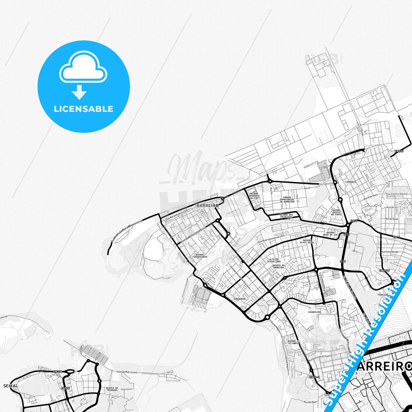 Barreiro, Portugal Light Map with Street Names, City Names, and Districts