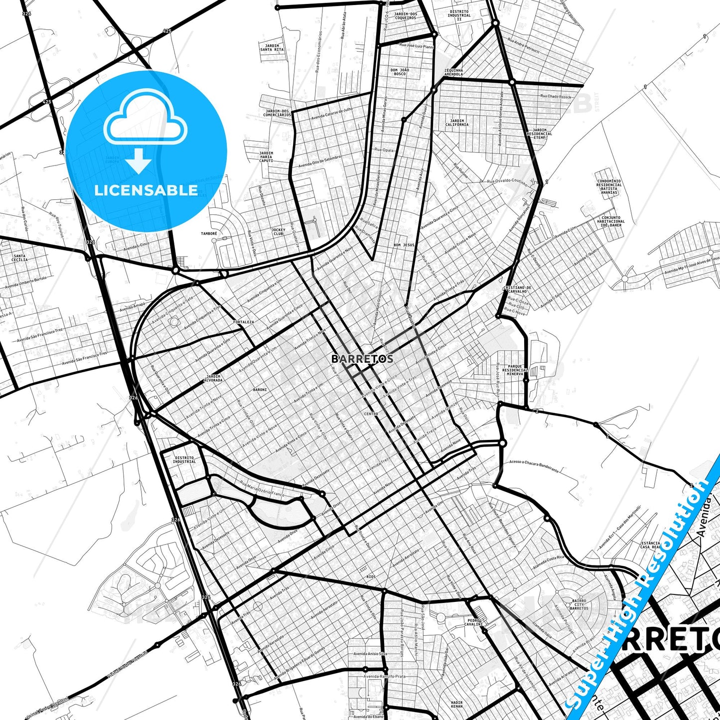 Barretos, Brazil Light Map with Street Names, City Names, and Districts