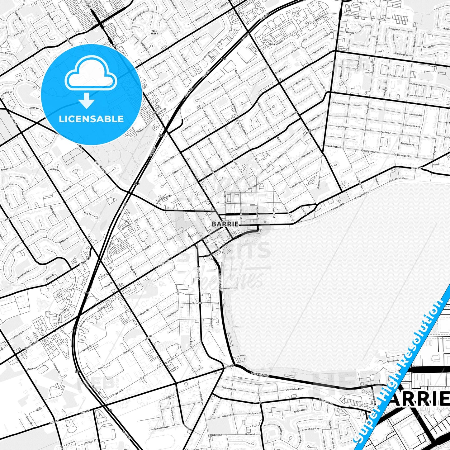 Barrie, Canada Light Map with Street Names, City Names, and Districts