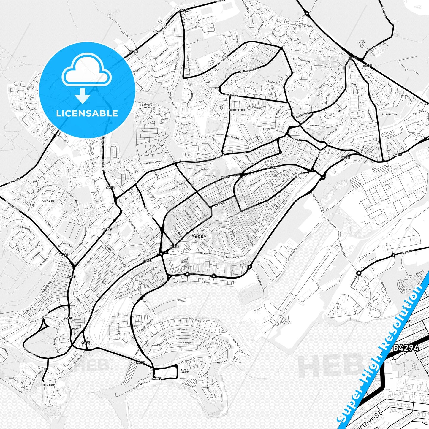 Barry, Wales Light Map with Street Names, City Names, and Districts