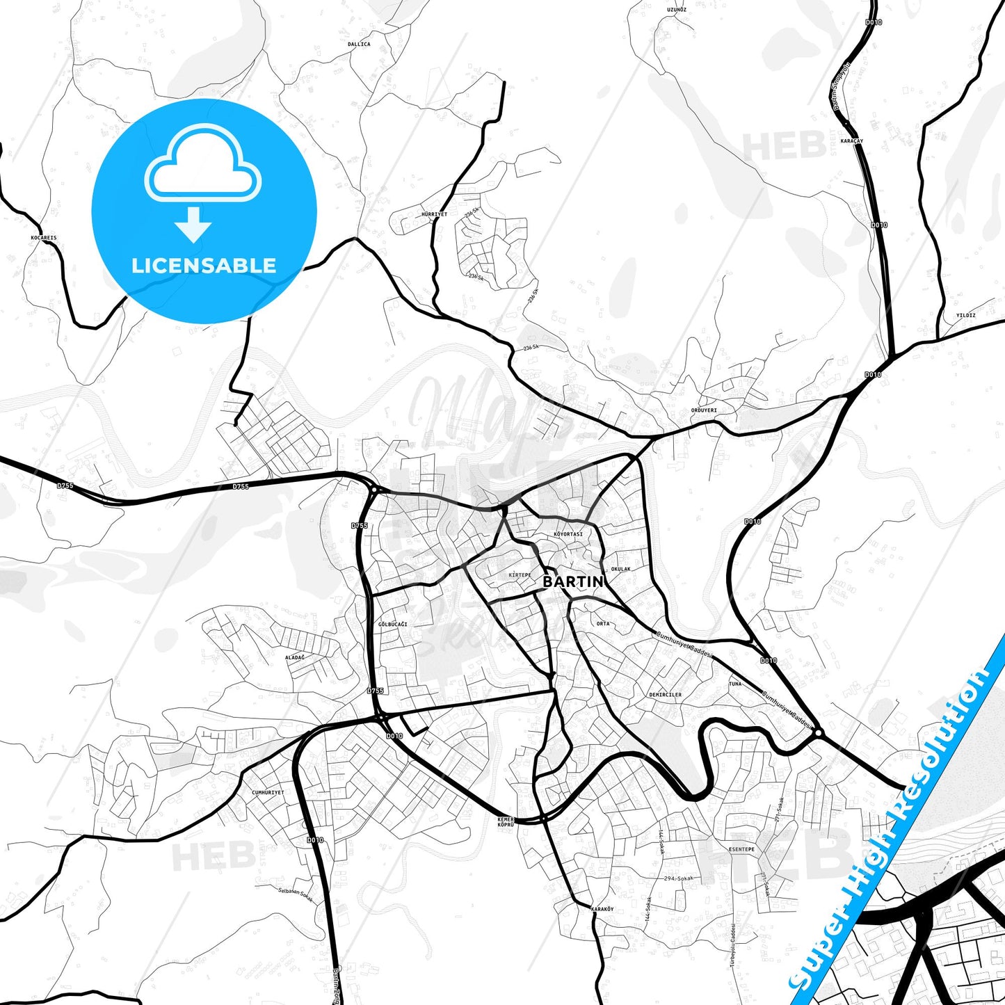 Bartın, Turkey Light Map with Street Names, City Names, and Districts