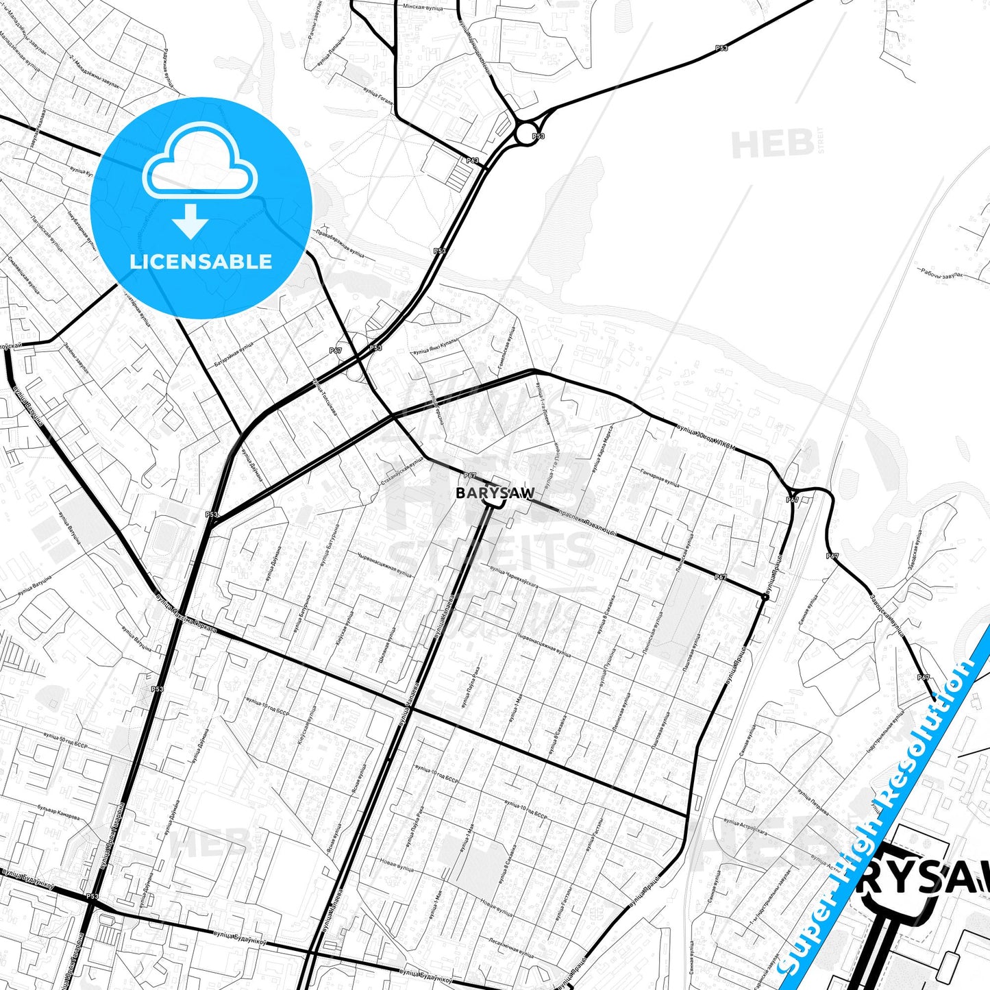 Barysaw, Belarus Light Map with Street Names, City Names, and Districts