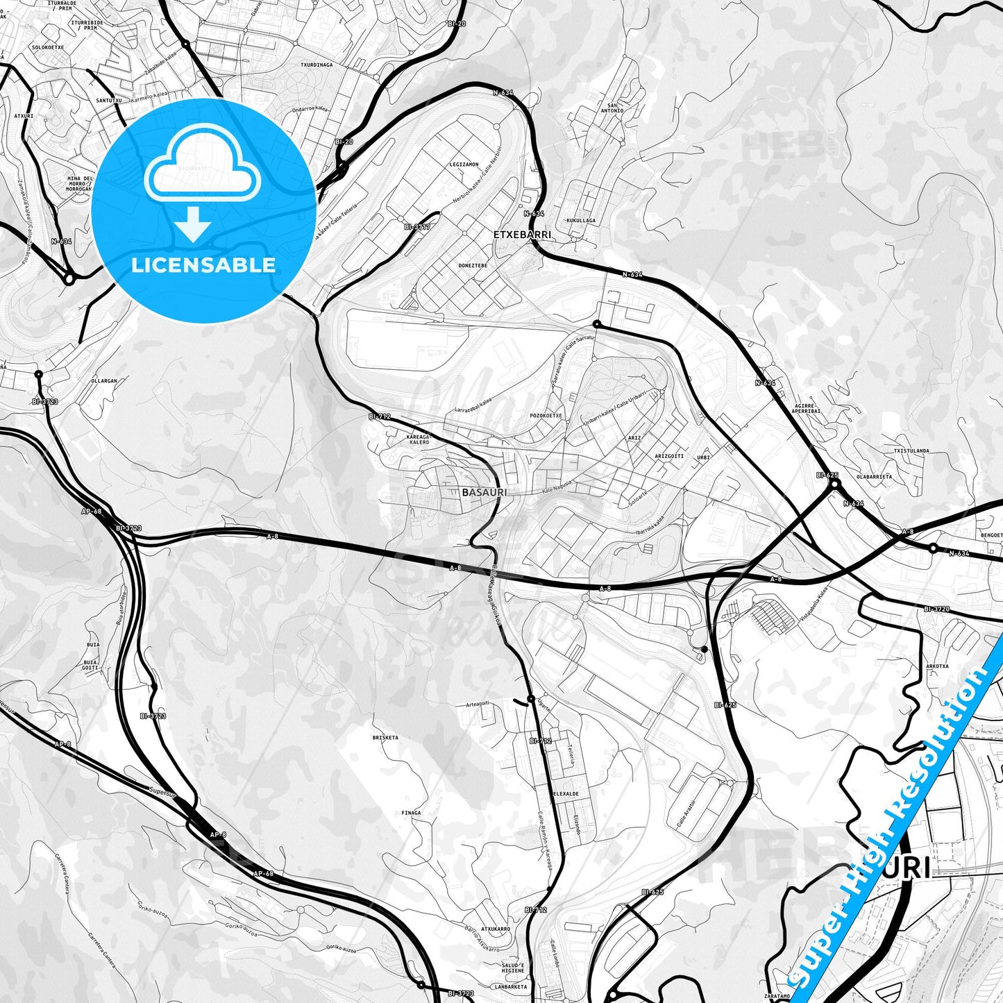Basauri, Spain Light Map with Street Names, City Names, and Districts