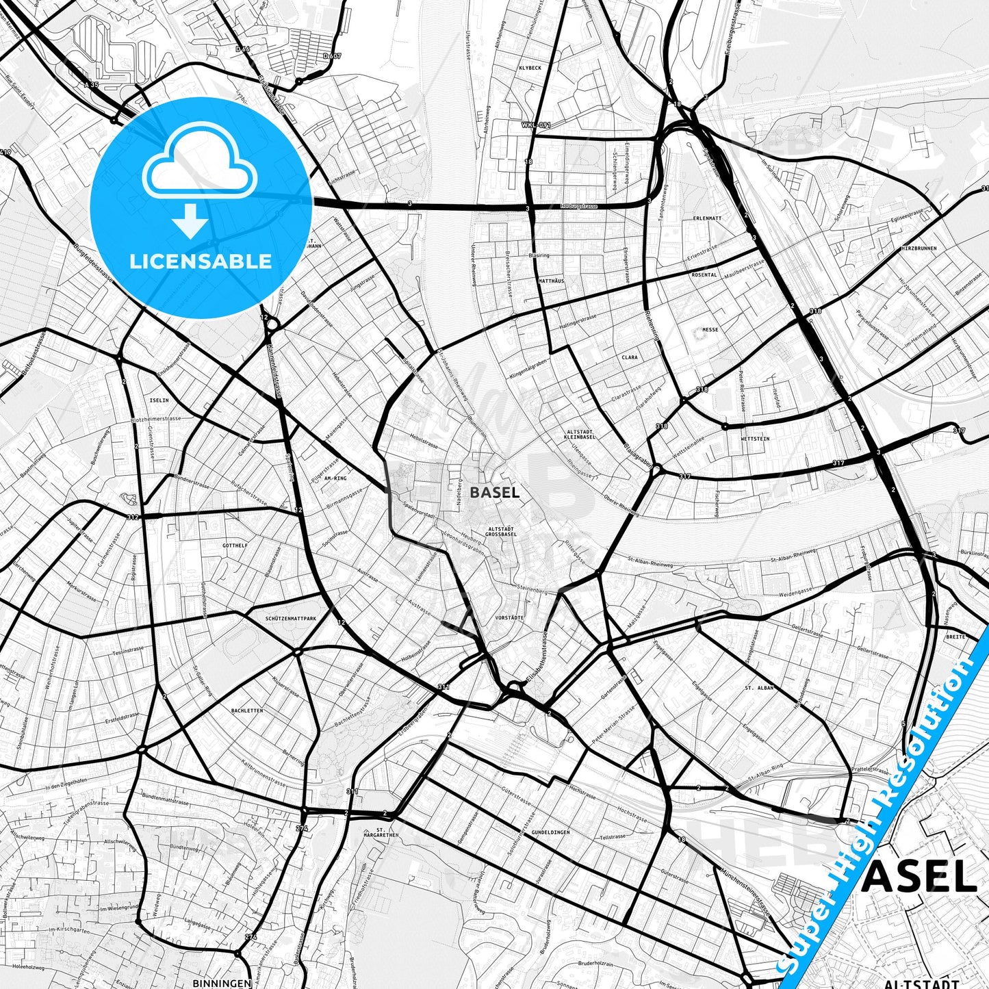 Basel, Switzerland Light Map with Street Names, City Names, and Districts