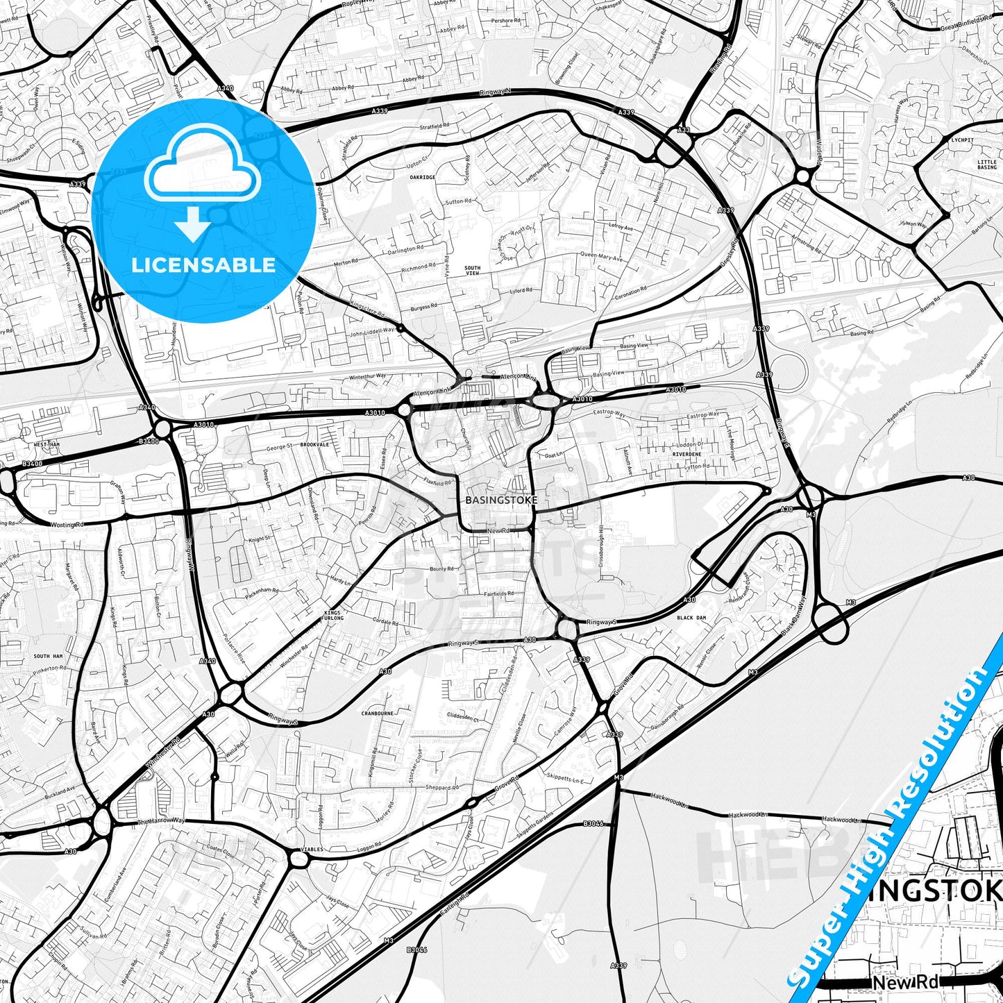 Basingstoke, England Light Map with Street Names, City Names, and Districts