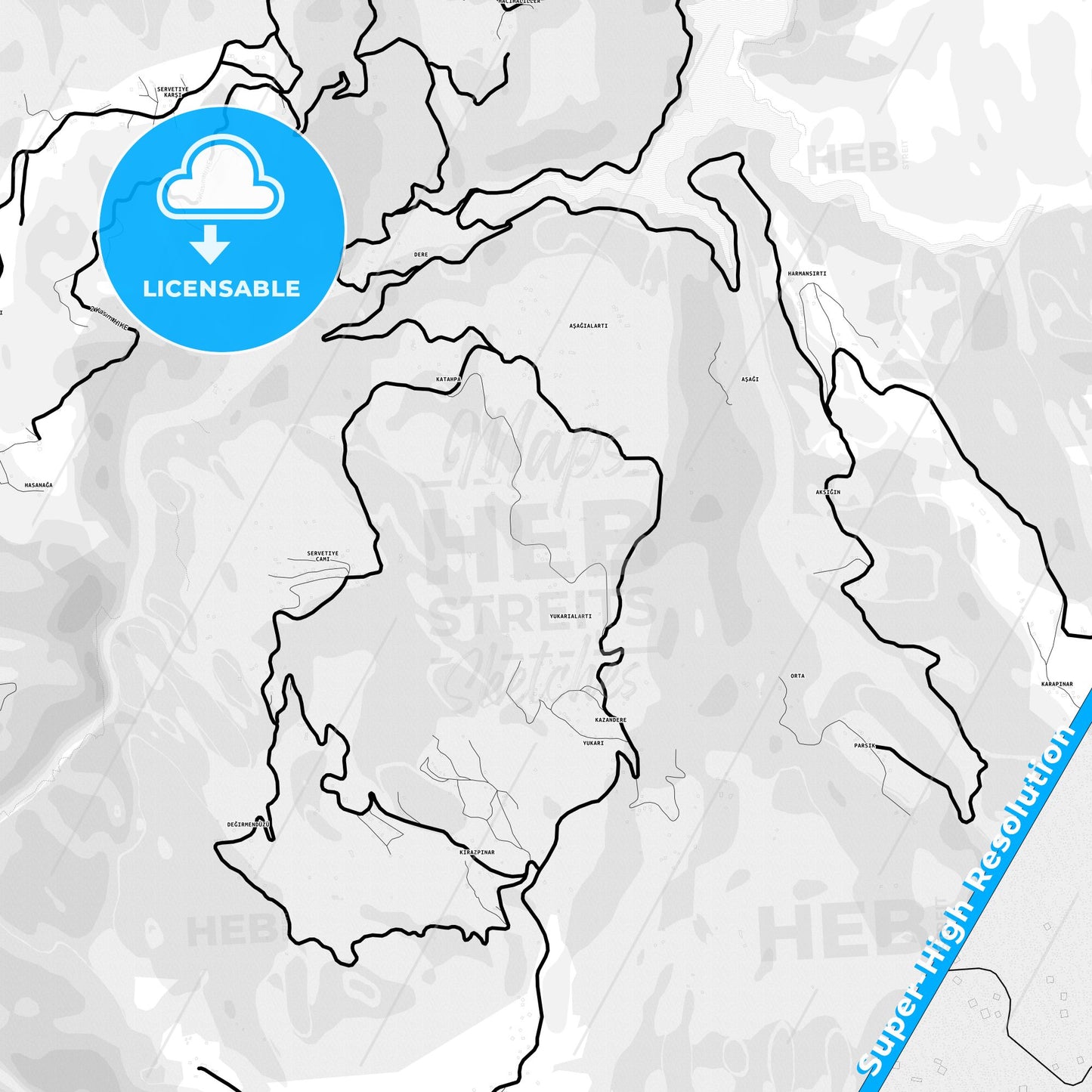 Başiskele, Turkey Light Map with Street Names, City Names, and Districts