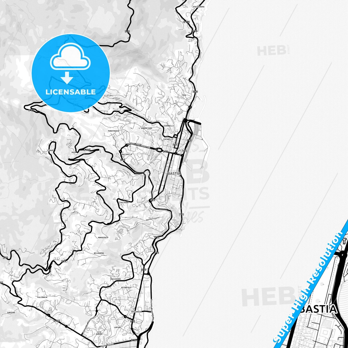 Bastia, France Light Map with Street Names, City Names, and Districts