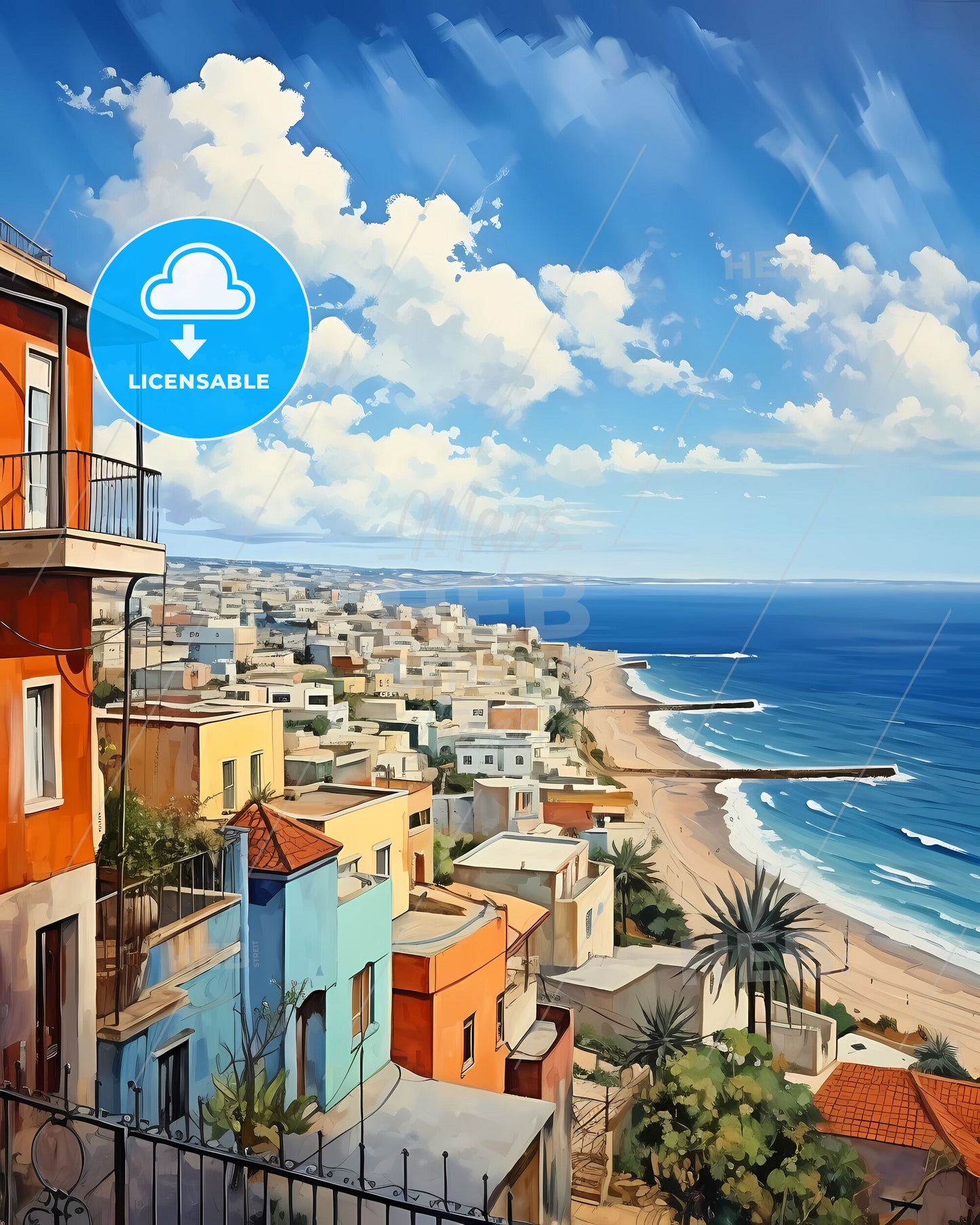 Vibrant Impressionistic Bat Yam Israel City Skyline by the Beach