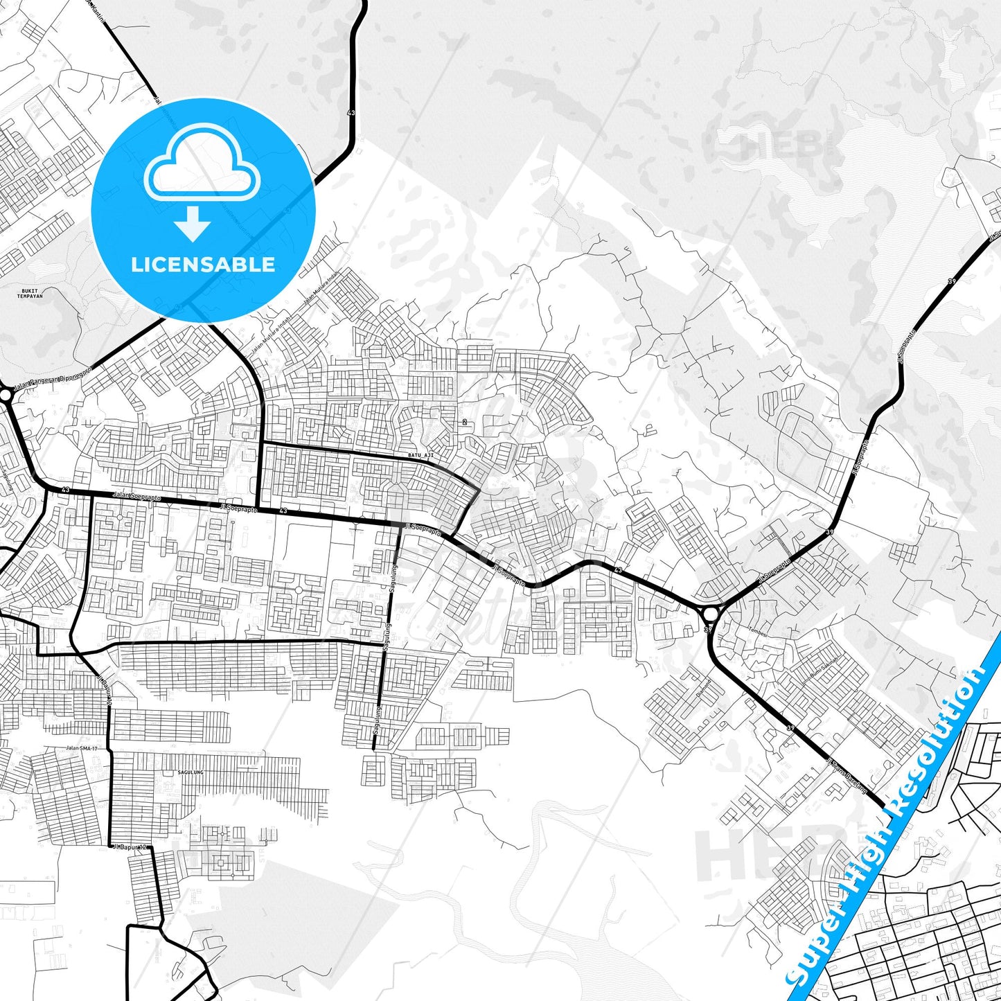 Batam, Indonesia Light Map with Street Names, City Names, and Districts