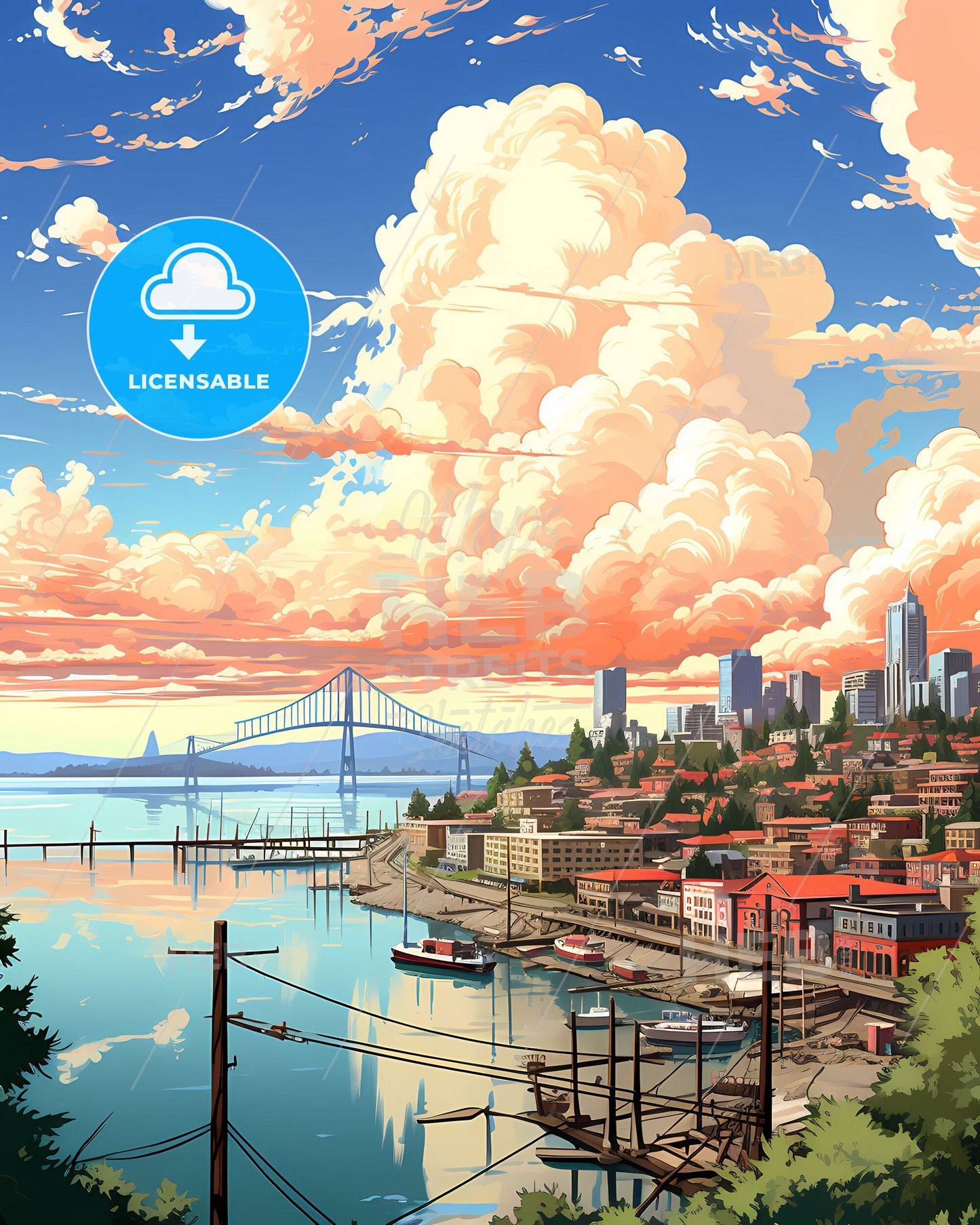 Vibrant City Skyline Painting of Batam Indonesia by the Water