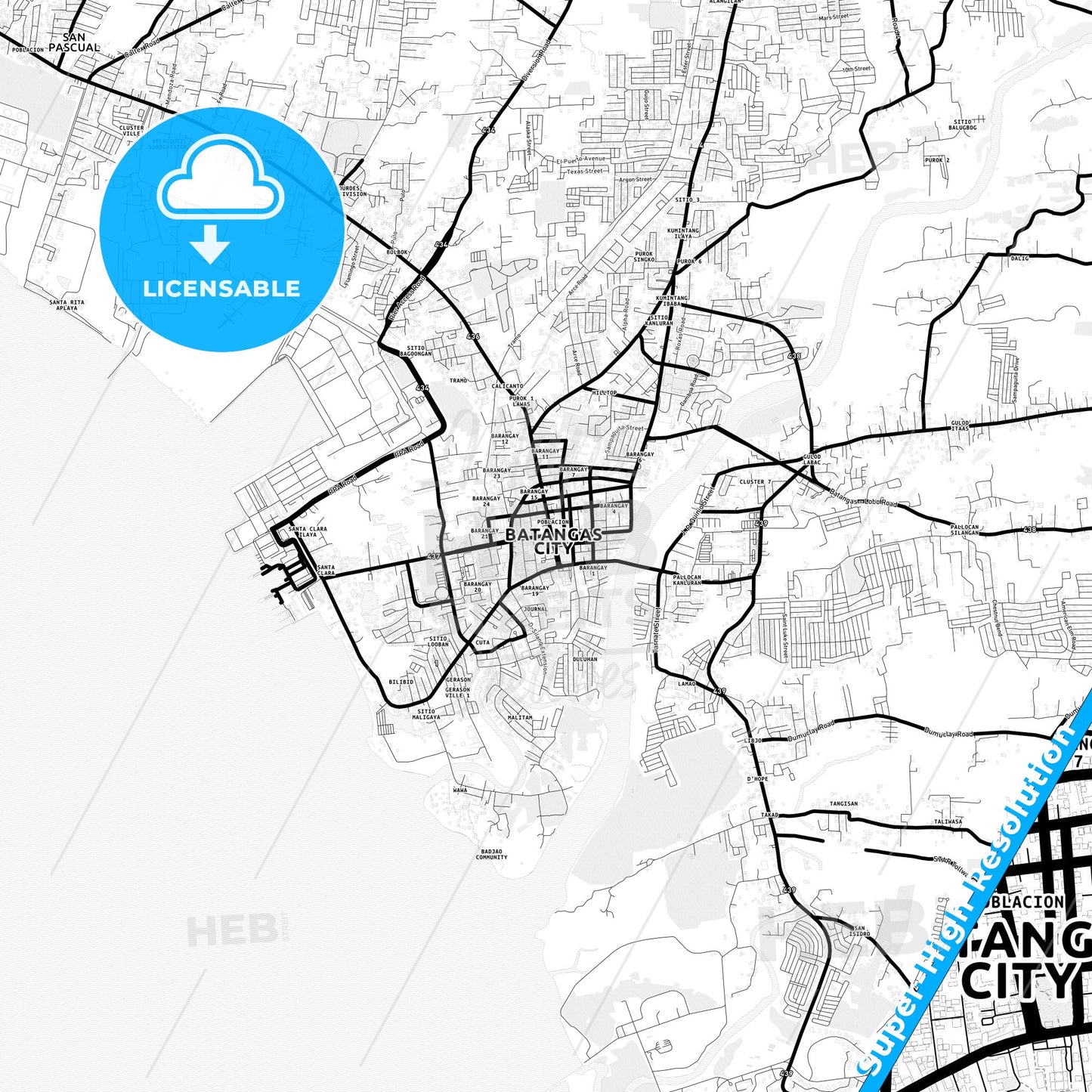 Batangas City, Philippines Light Map with Street Names, City Names, and Districts