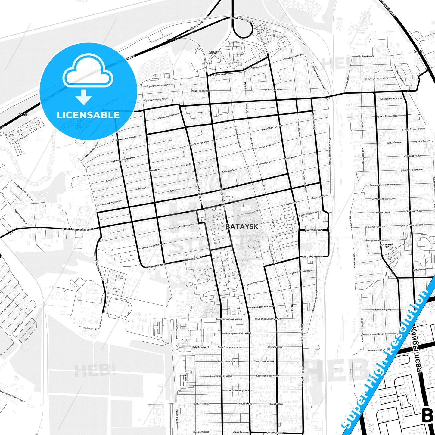 Bataysk, Russia Light Map with Street Names, City Names, and Districts