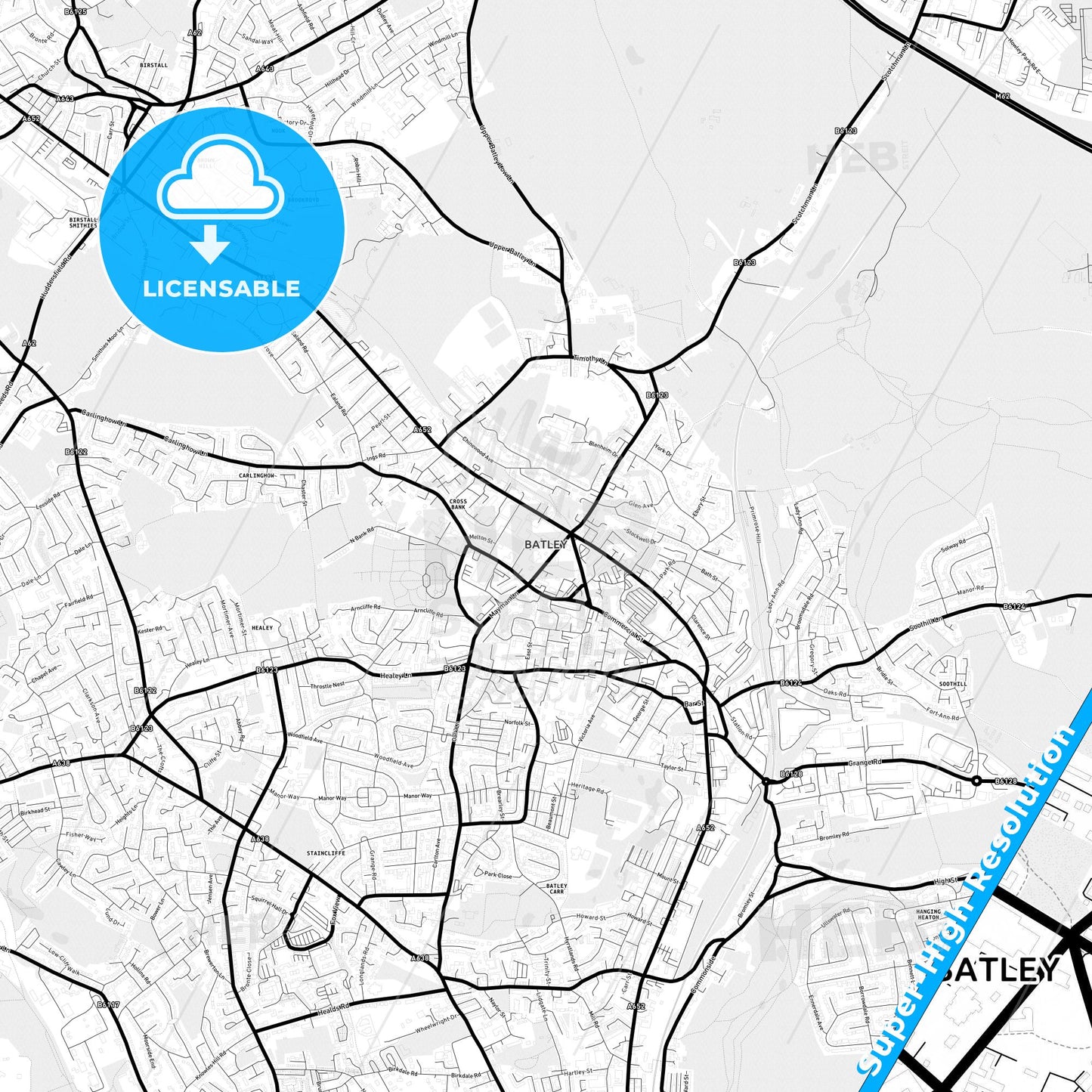 Batley, England Light Map with Street Names, City Names, and Districts