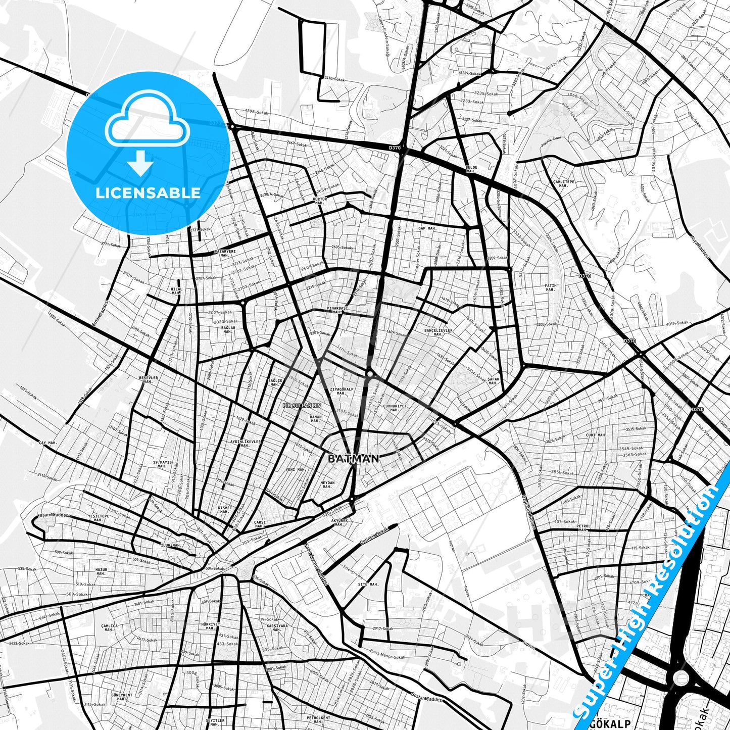 Batman, Turkey Light Map with Street Names, City Names, and Districts