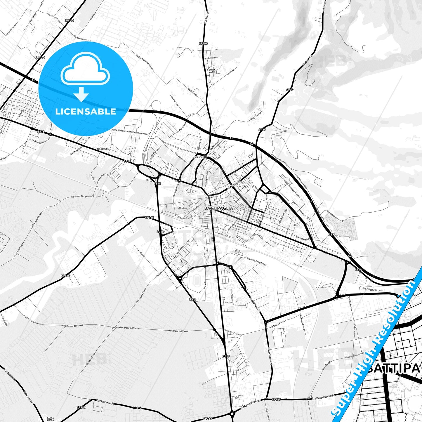 Battipaglia, Italy Light Map with Street Names, City Names, and Districts