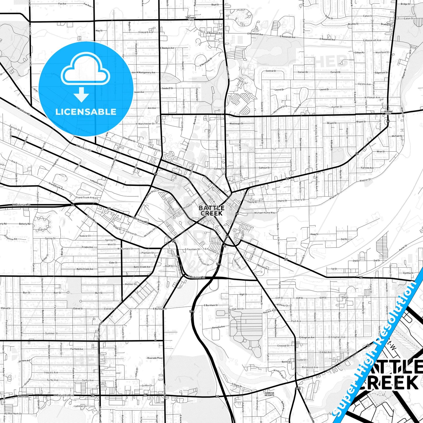 Battle Creek, Michigan Light Map with Street Names, City Names, and Districts
