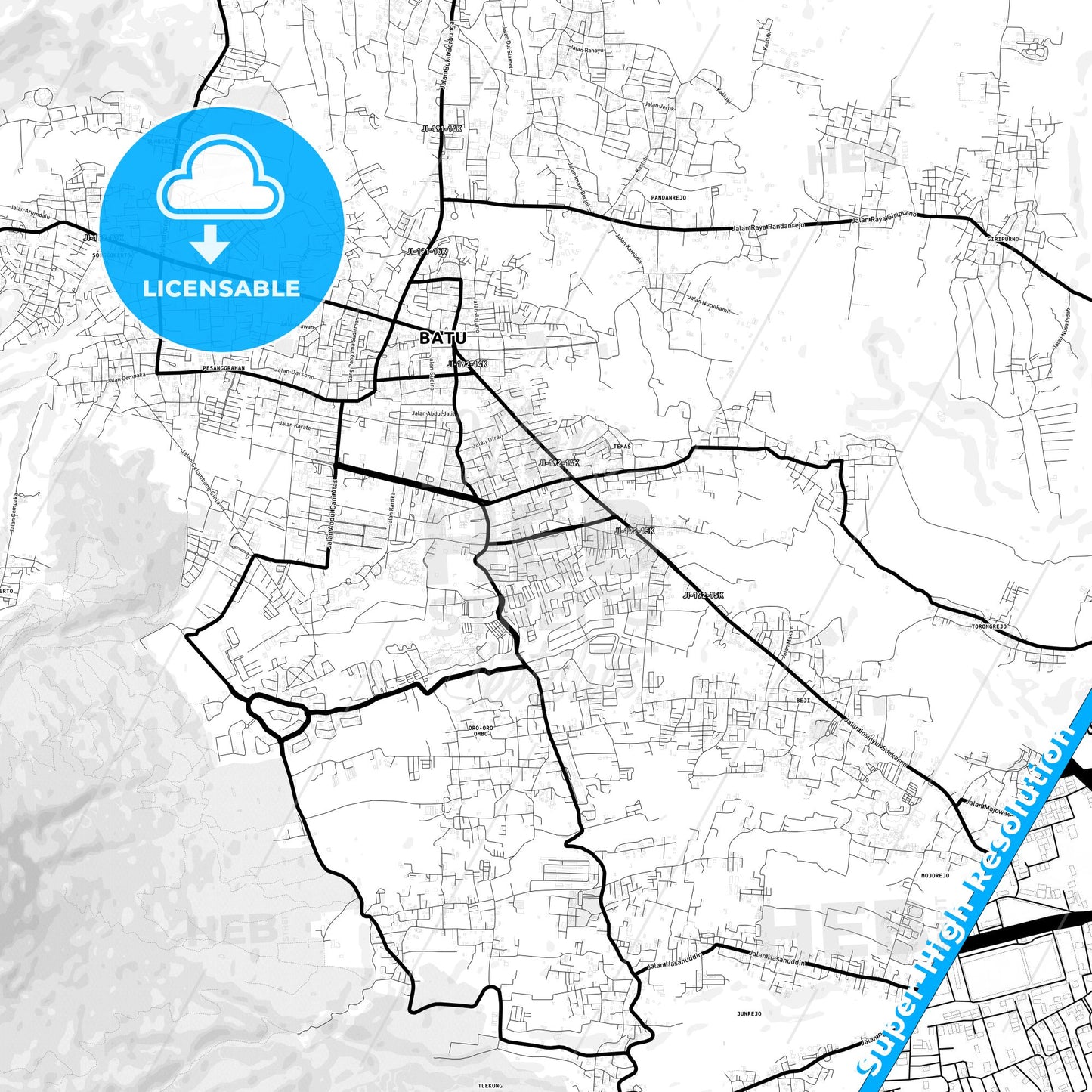 Batu, Indonesia Light Map with Street Names, City Names, and Districts