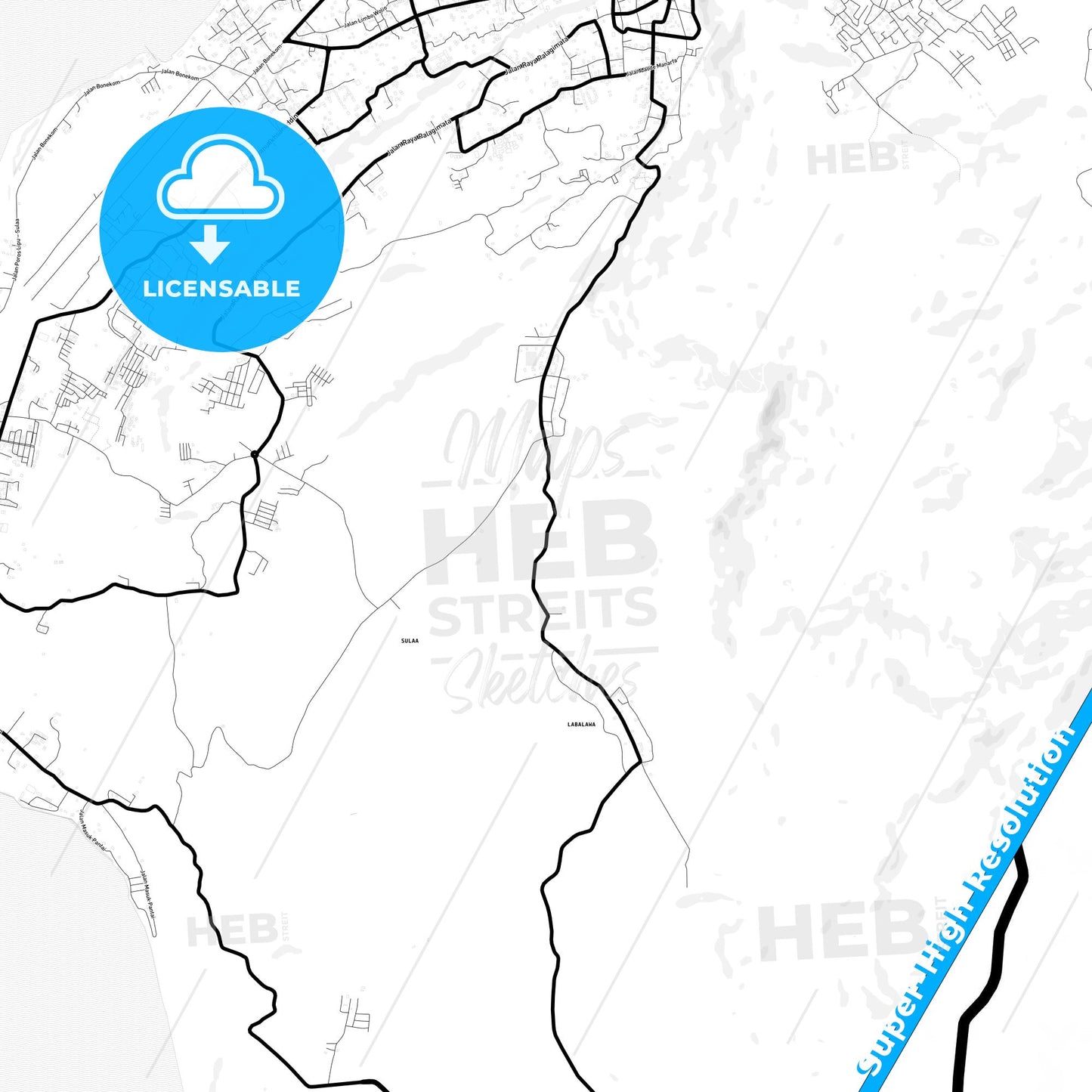Baubau, Indonesia Light Map with Street Names, City Names, and Districts