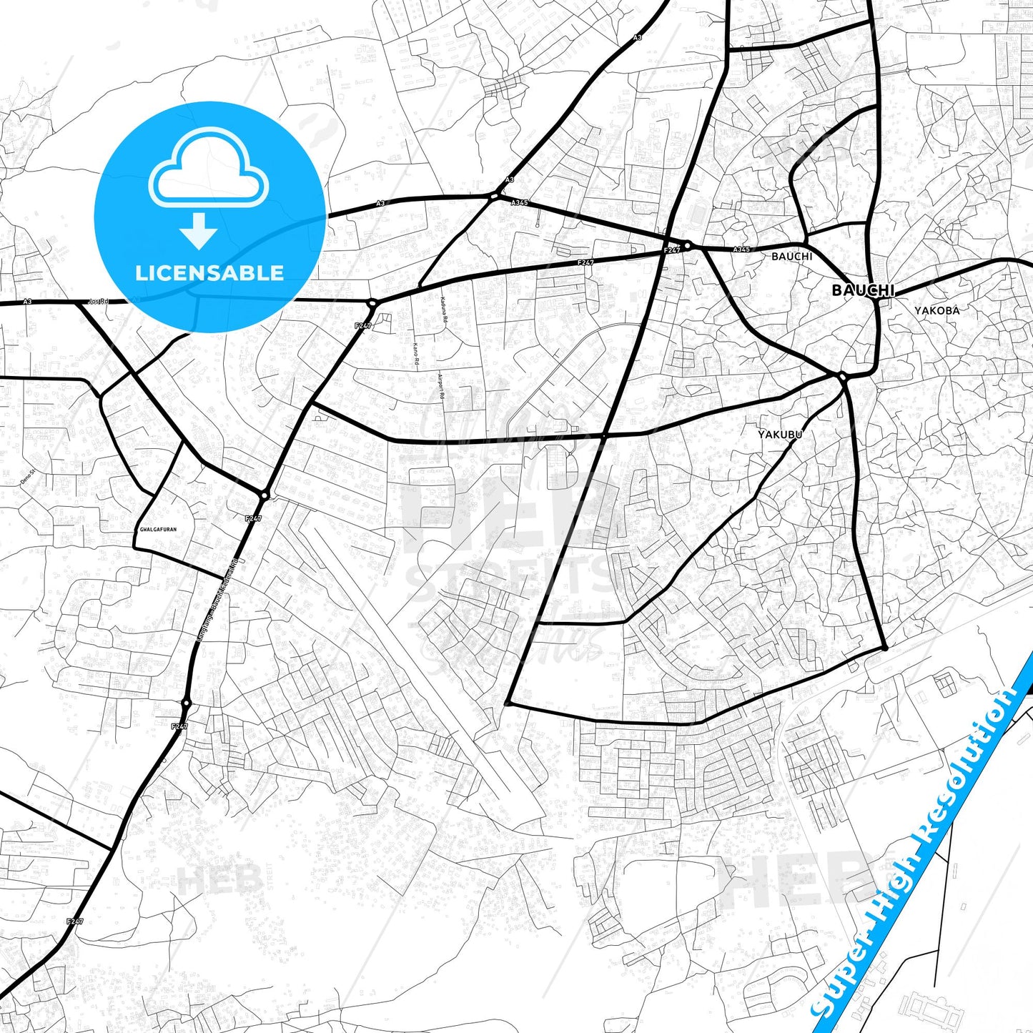 Bauchi, Nigeria Light Map with Street Names, City Names, and Districts