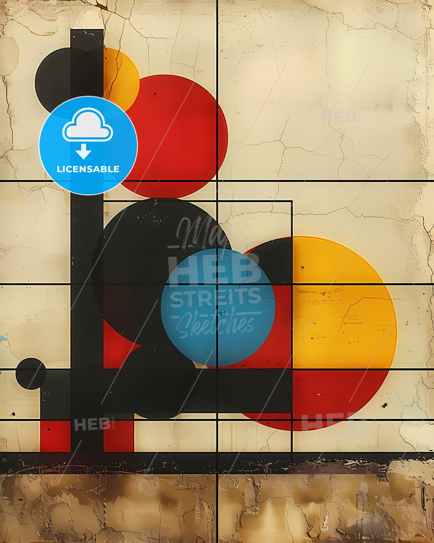 Abstract Geometric Art Poster: Vibrant Painting with Circles, Squares, and Lines on Wall