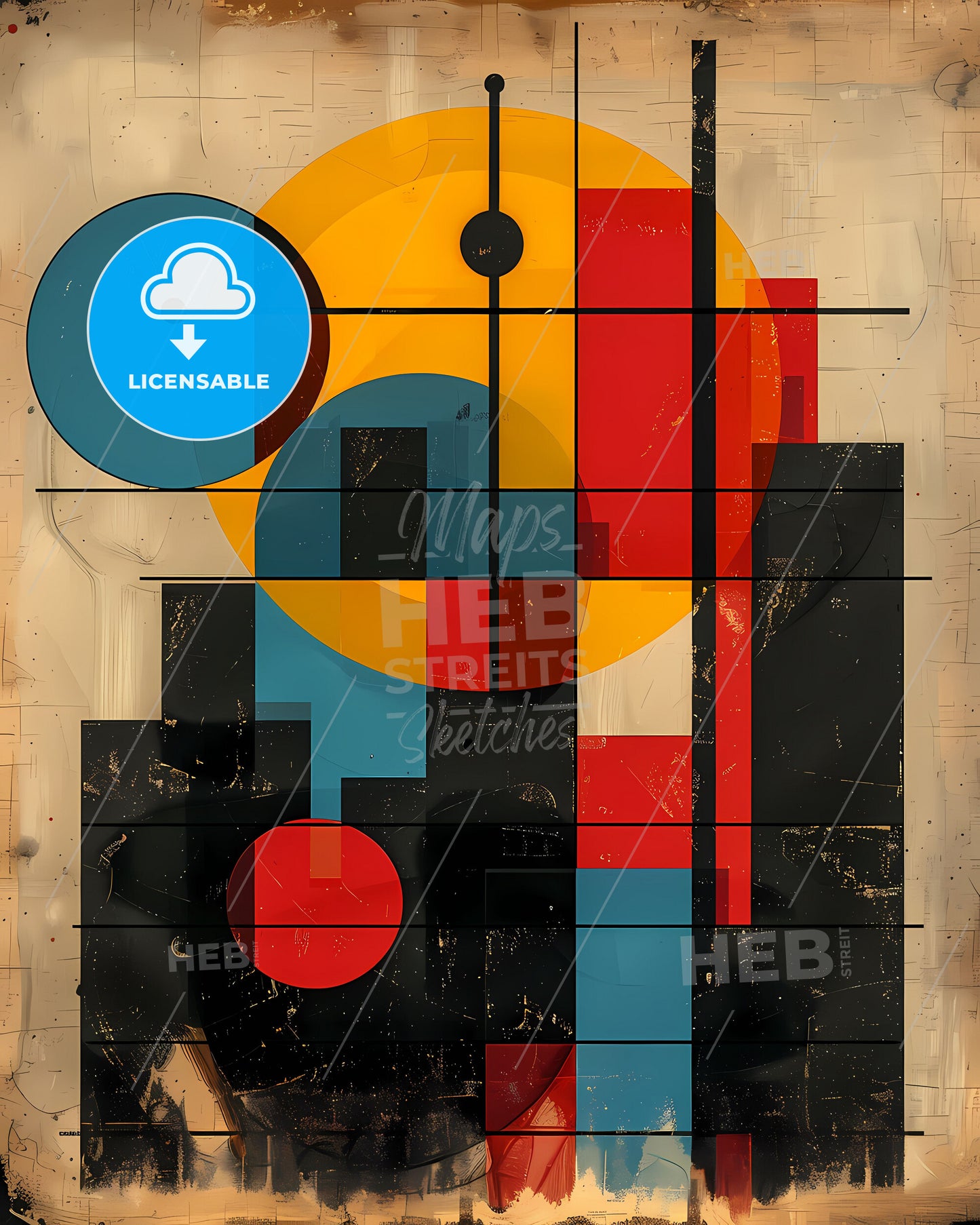 Abstract Geometric Shapes Art Print: Colorful Composition with Black Lines and Circles in a Simple, Structured Layout