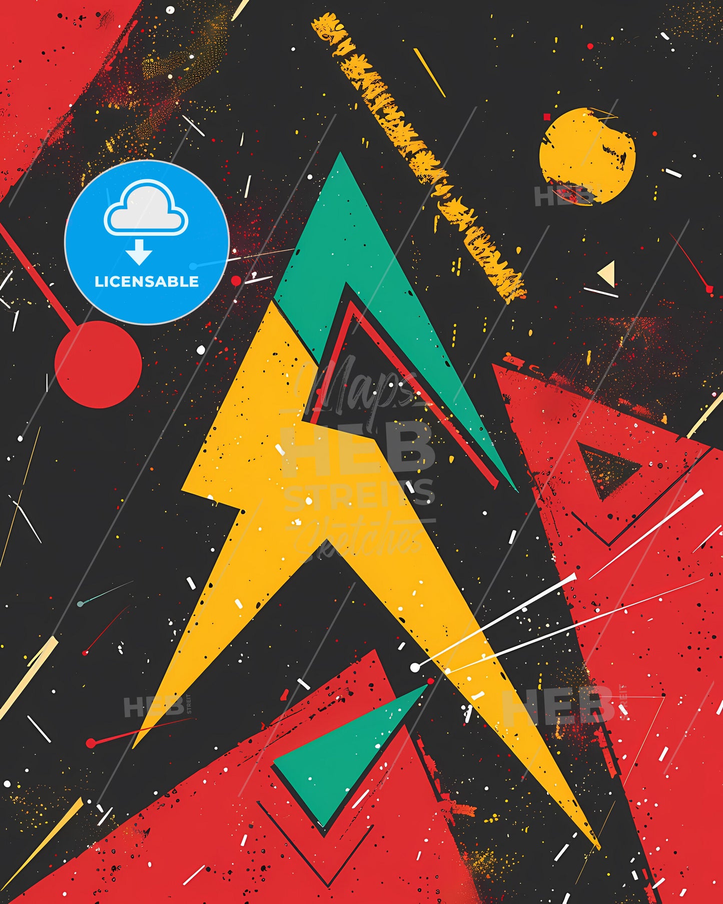 Bauhaus Style Art Print: Geometric Shapes, Lightning Bolts, Colorful Dots, Painting