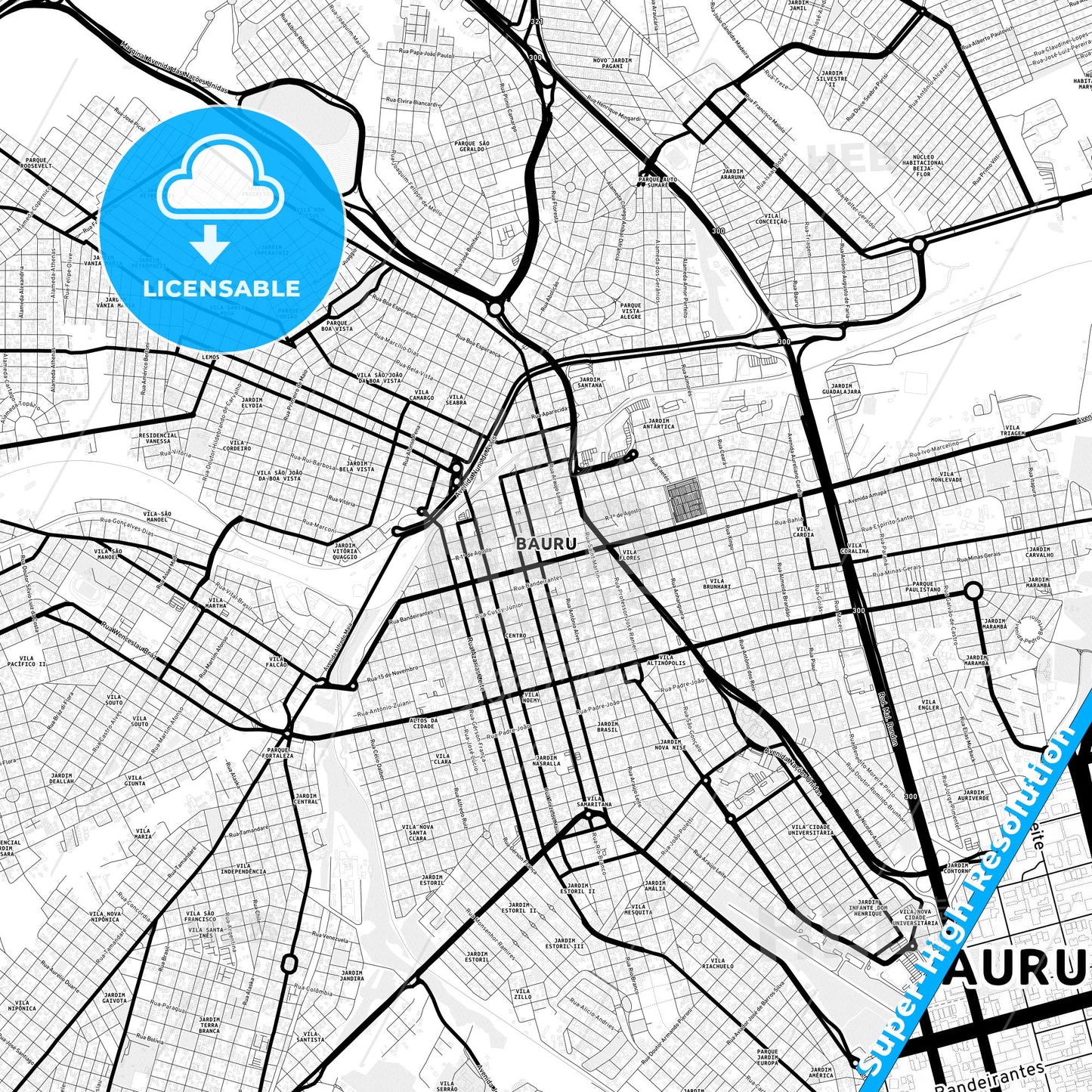 Bauru, Brazil Light Map with Street Names, City Names, and Districts