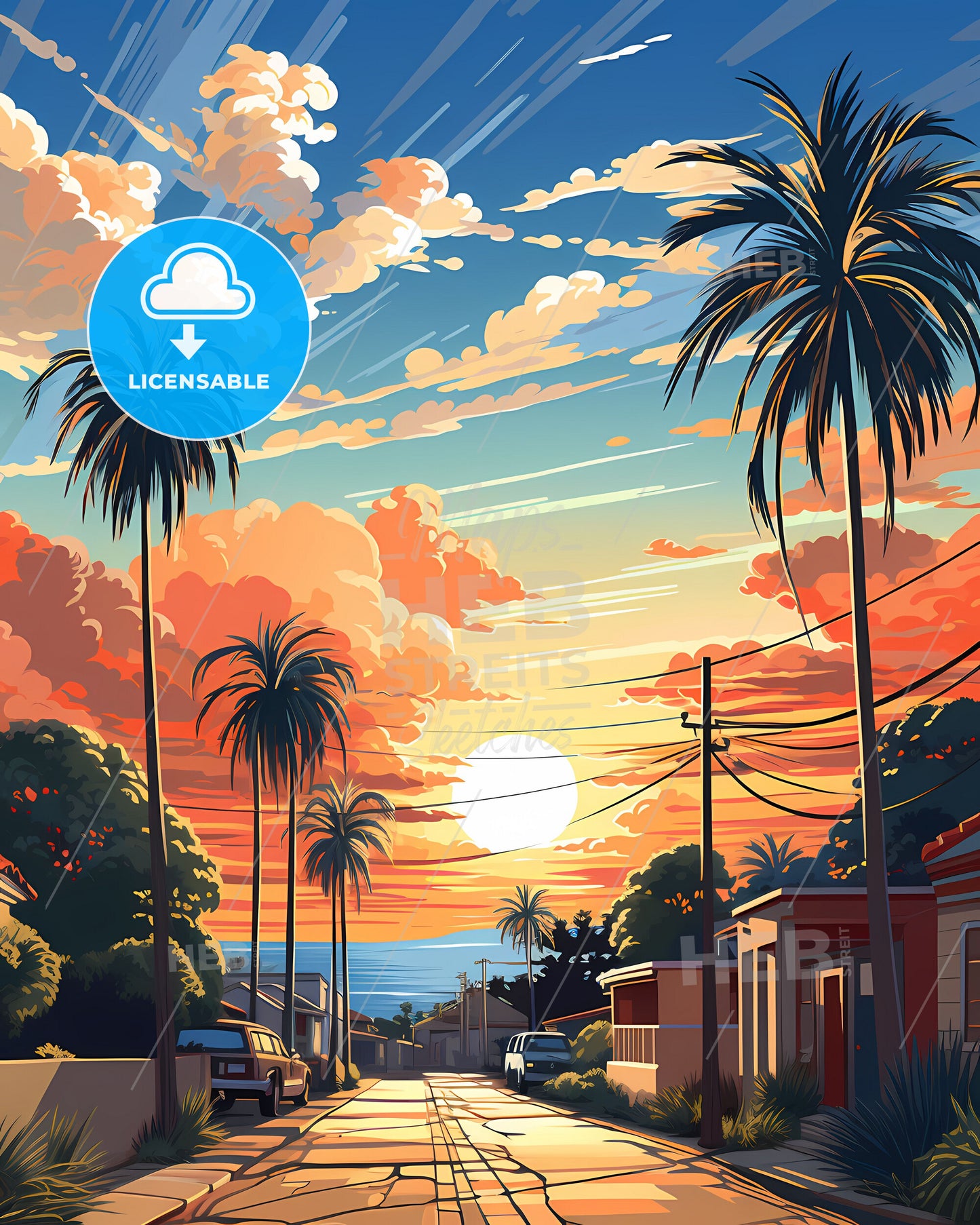 Vibrant Sunset Street Scene, Bauru Brazil City Skyline Buildings Palm Trees Art Painting