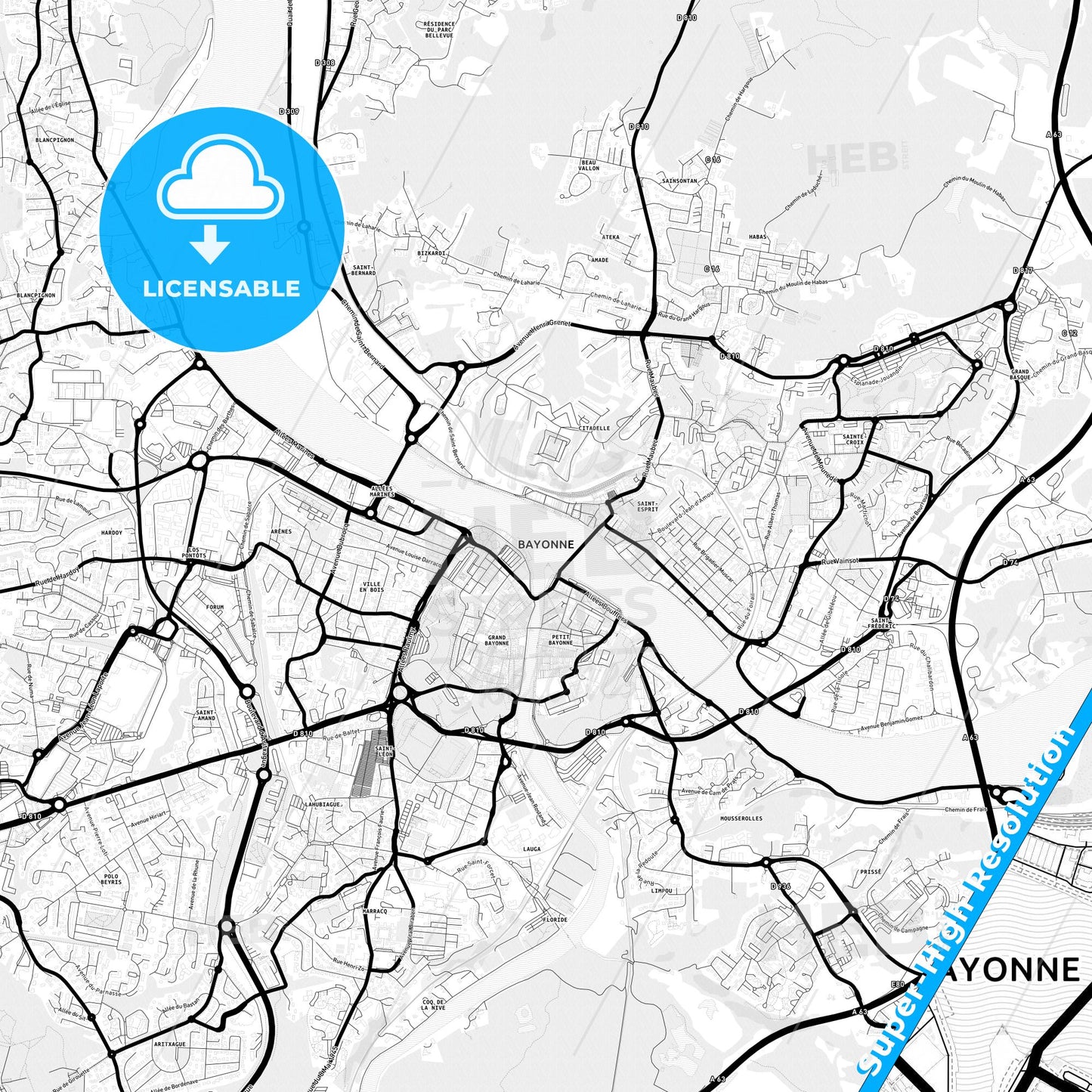 Bayonne, France Light Map with Street Names, City Names, and Districts