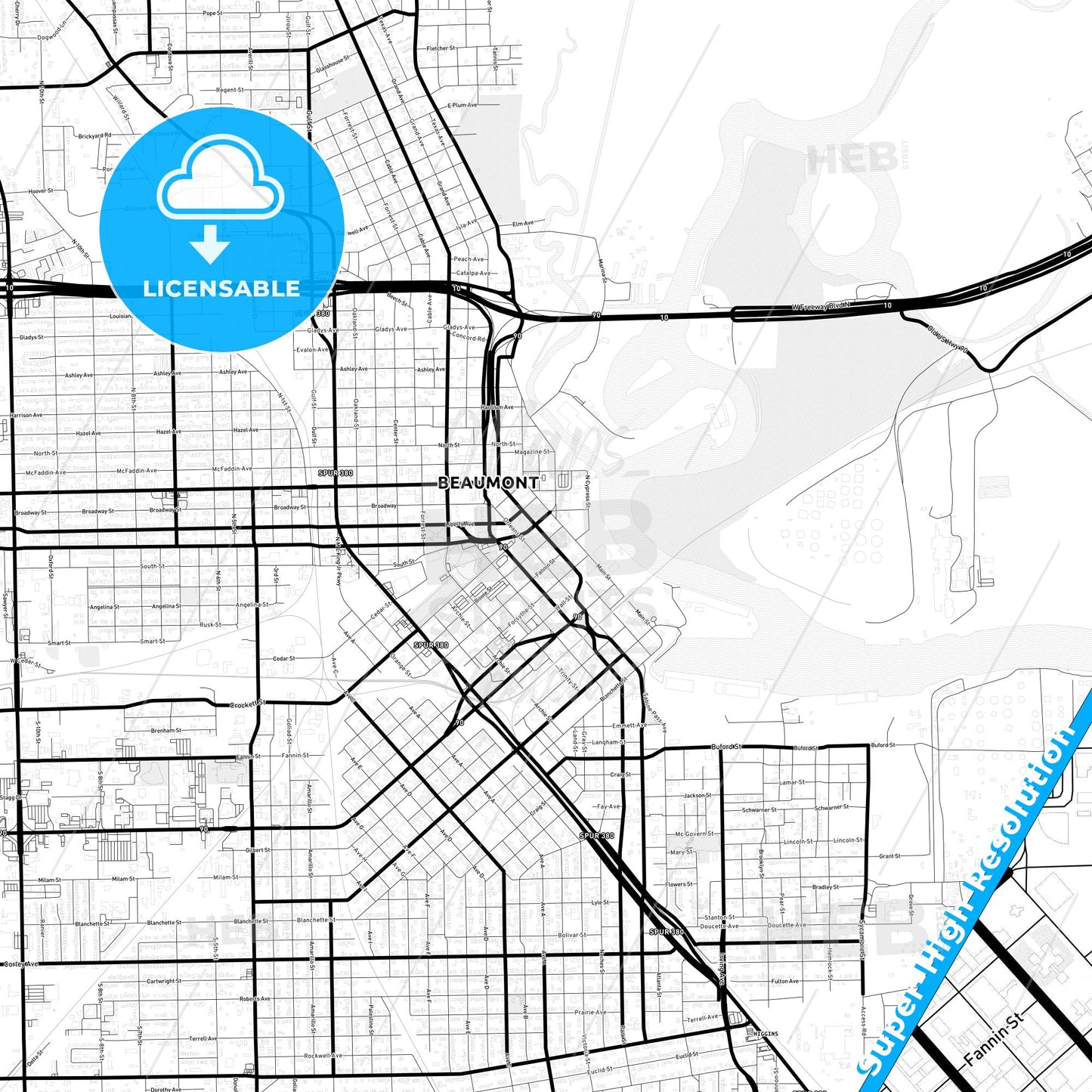 Beaumont, Texas Light Map with Street Names, City Names, and Districts