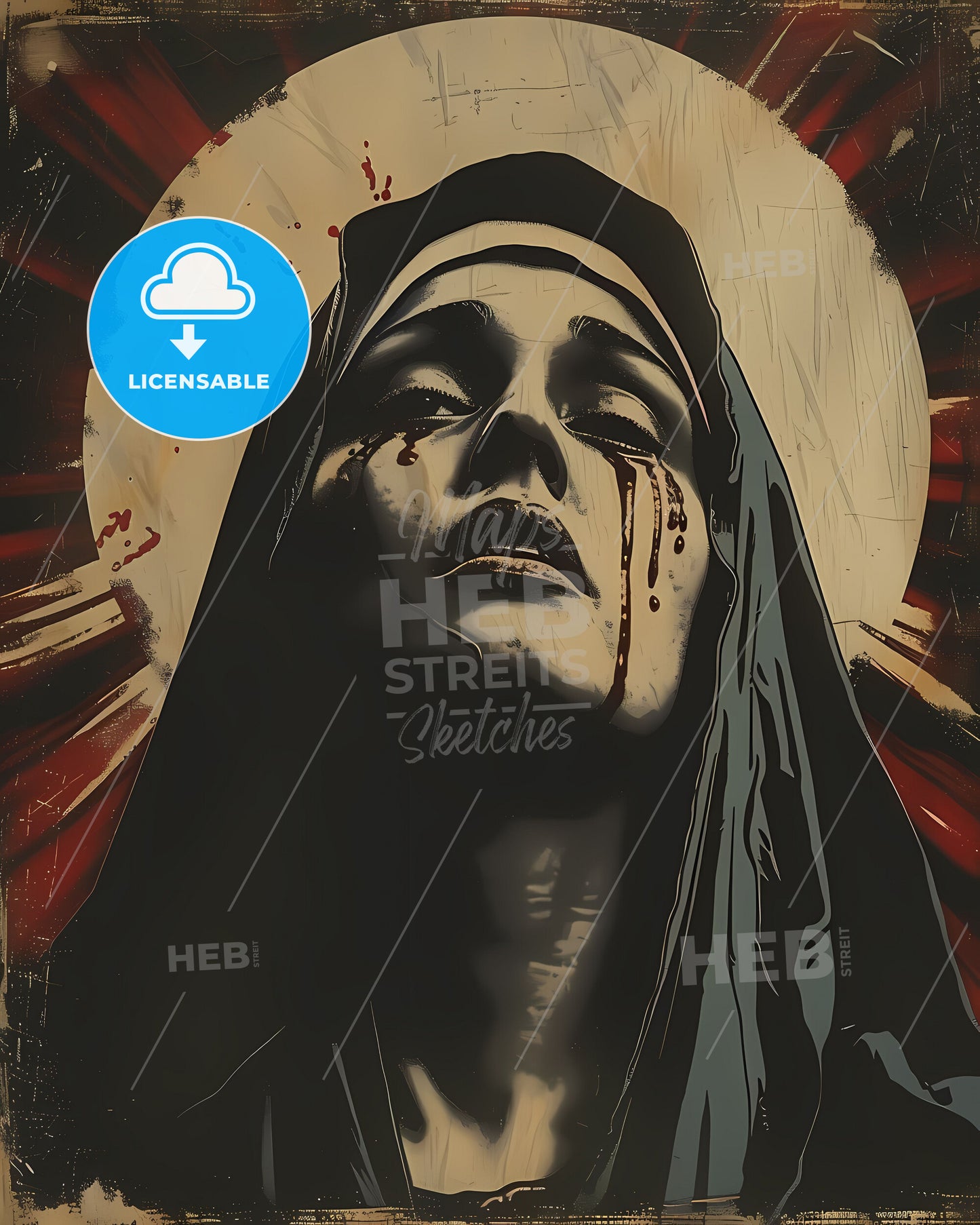 Mystical Portrait of Madonna in Intricate Pop Art Style with Gothic Horror Elements and Religious Symbolism, Featuring a Woman's Bloody Visage and Halo-Like Rays