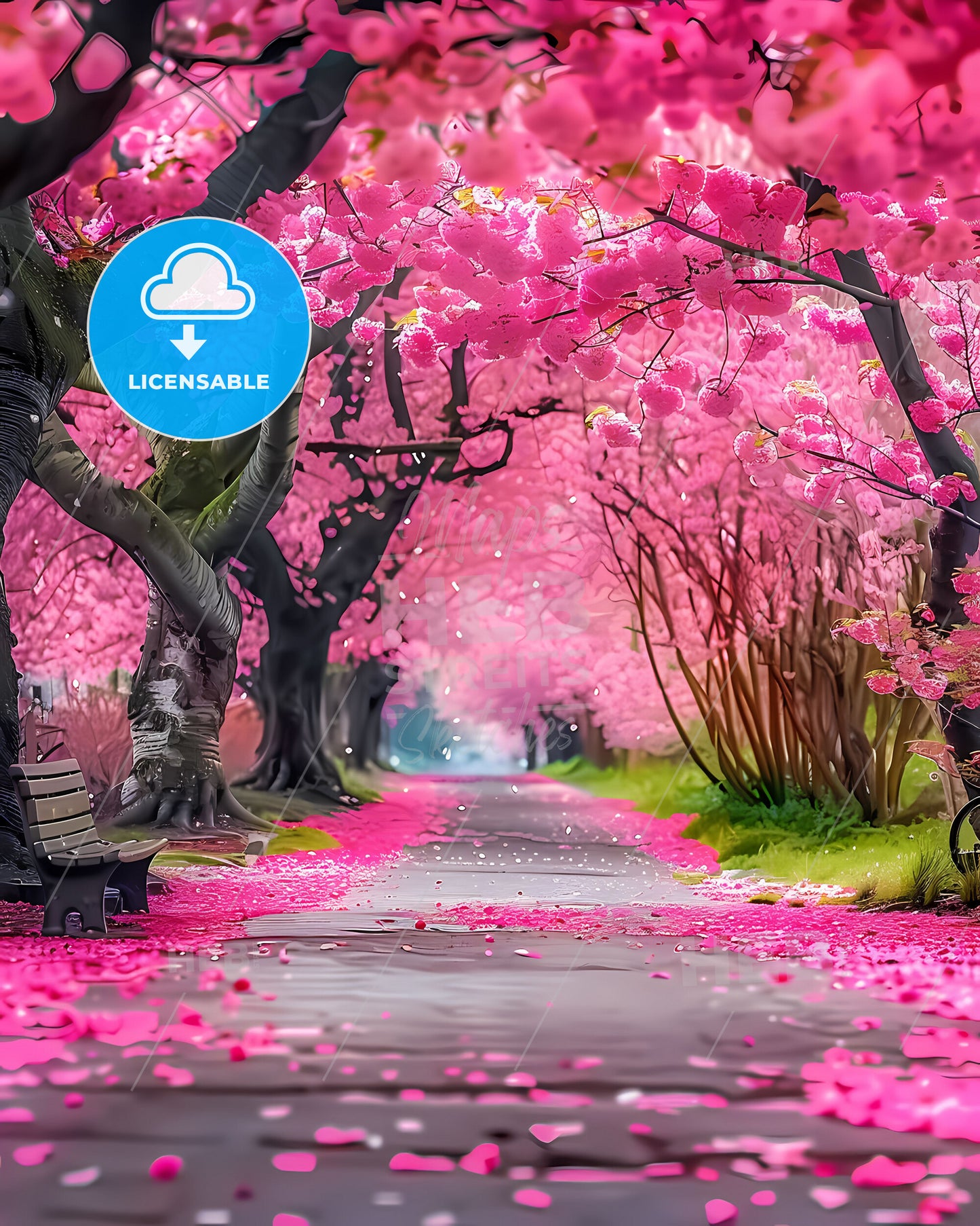 Zen Garden with Cherry Blossom Trees, Serene Spring Scene, Pink Petals, Natural Beauty, Romantic Landscape, Artistic Impression, Path with Flowers