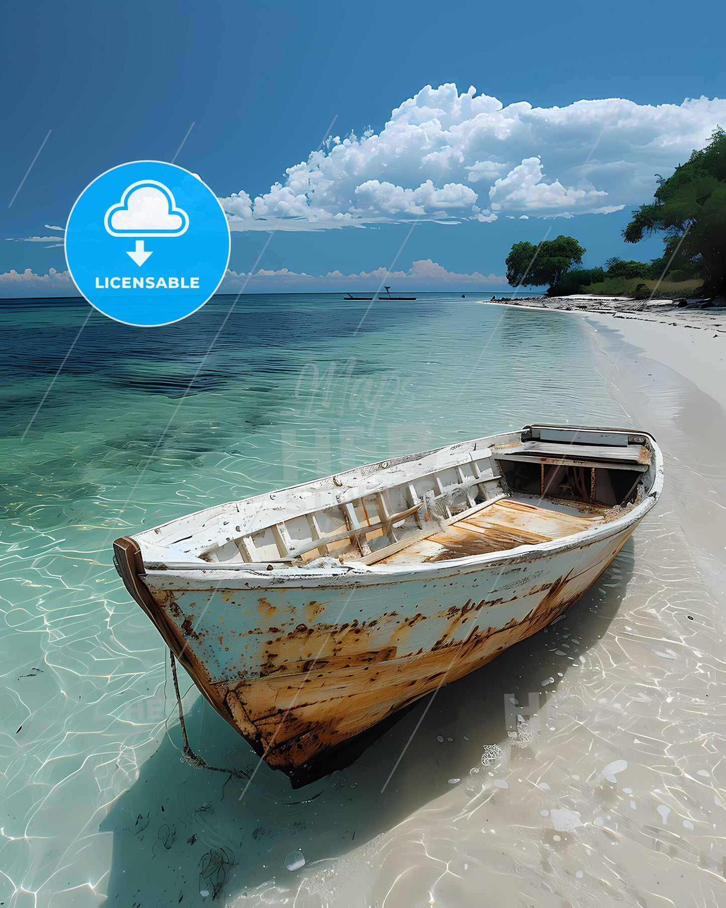 Vibrant Tropical Seascape Painting: Colorful Mozambican Boat on Tranquil Beach