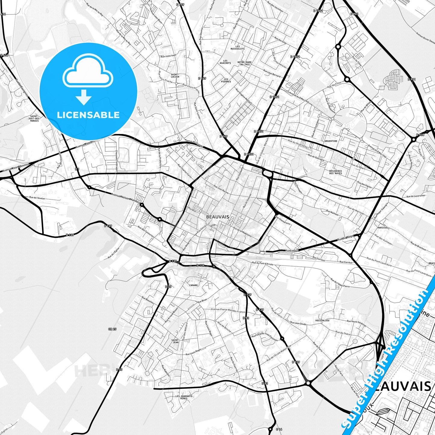 Beauvais, France Light Map with Street Names, City Names, and Districts