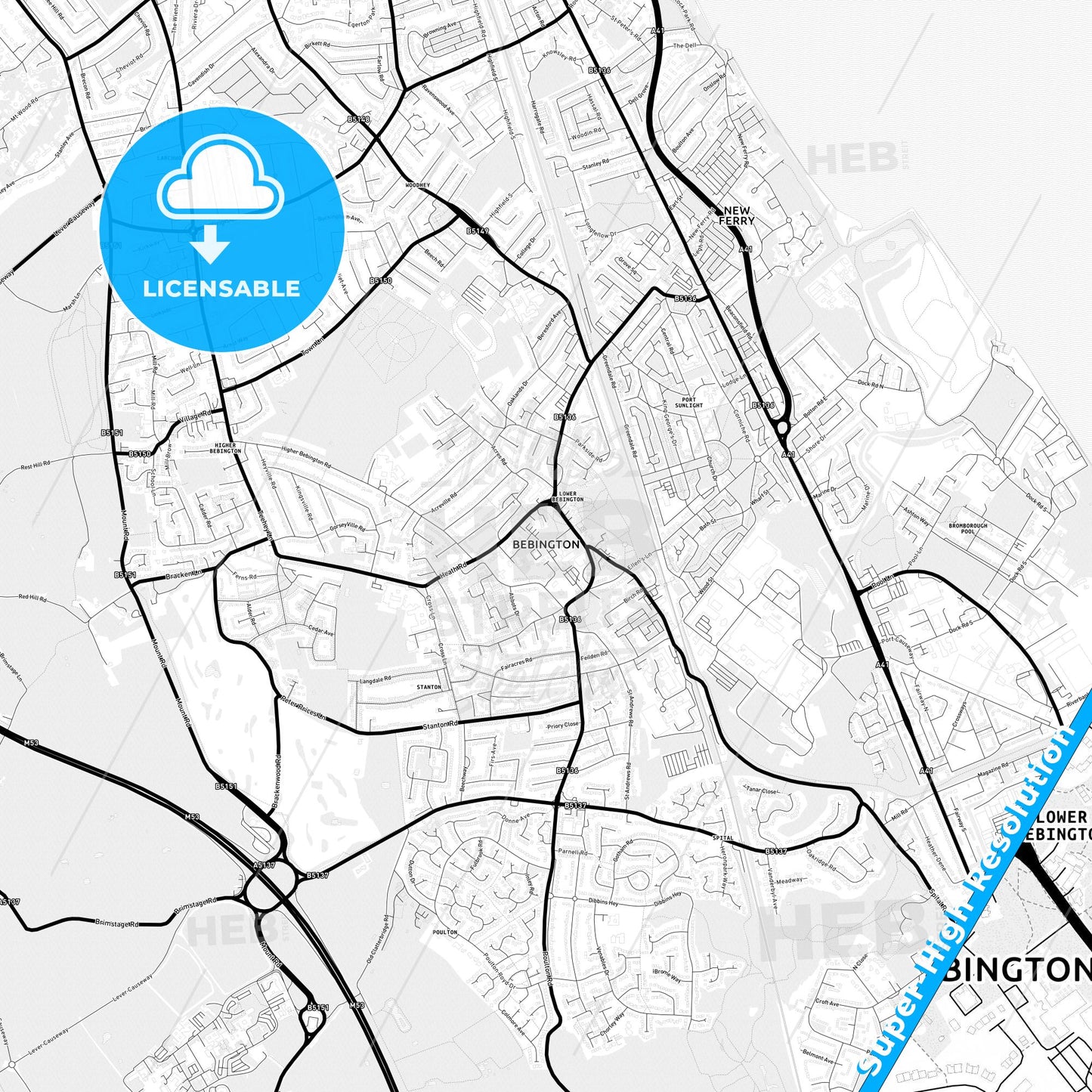 Bebington, England Light Map with Street Names, City Names, and Districts