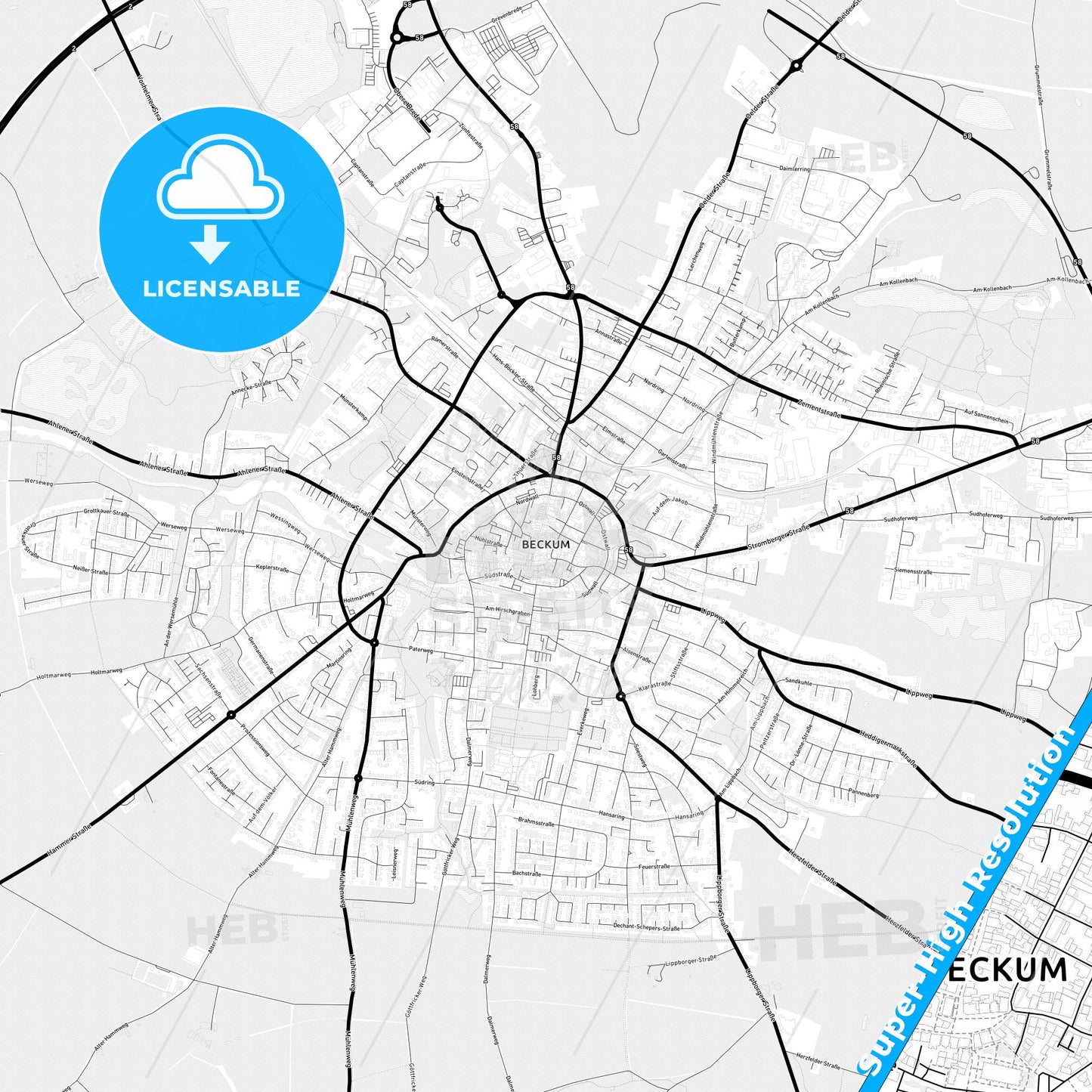 Beckum, Germany Light Map with Street Names, City Names, and Districts
