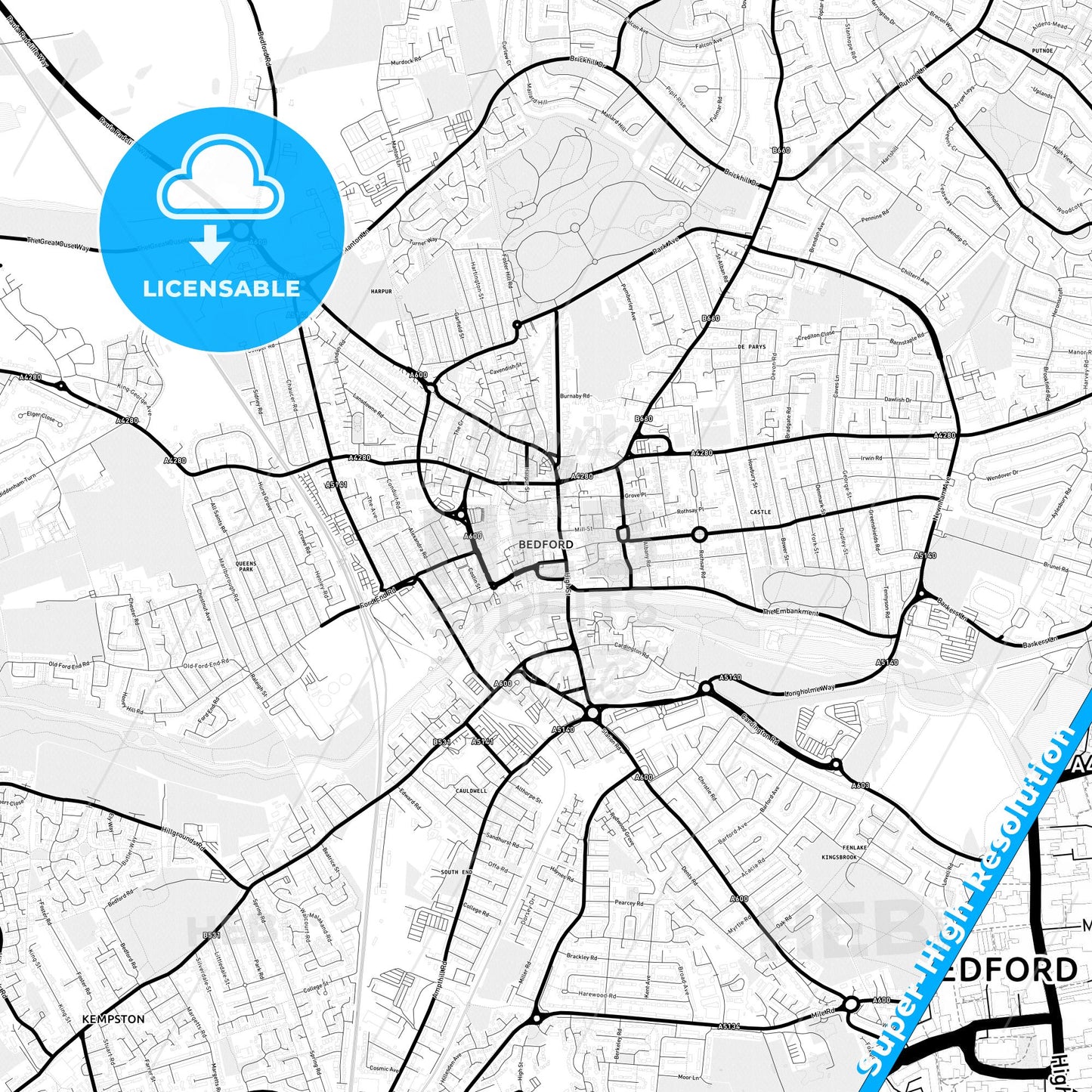 Bedford, England Light Map with Street Names, City Names, and Districts