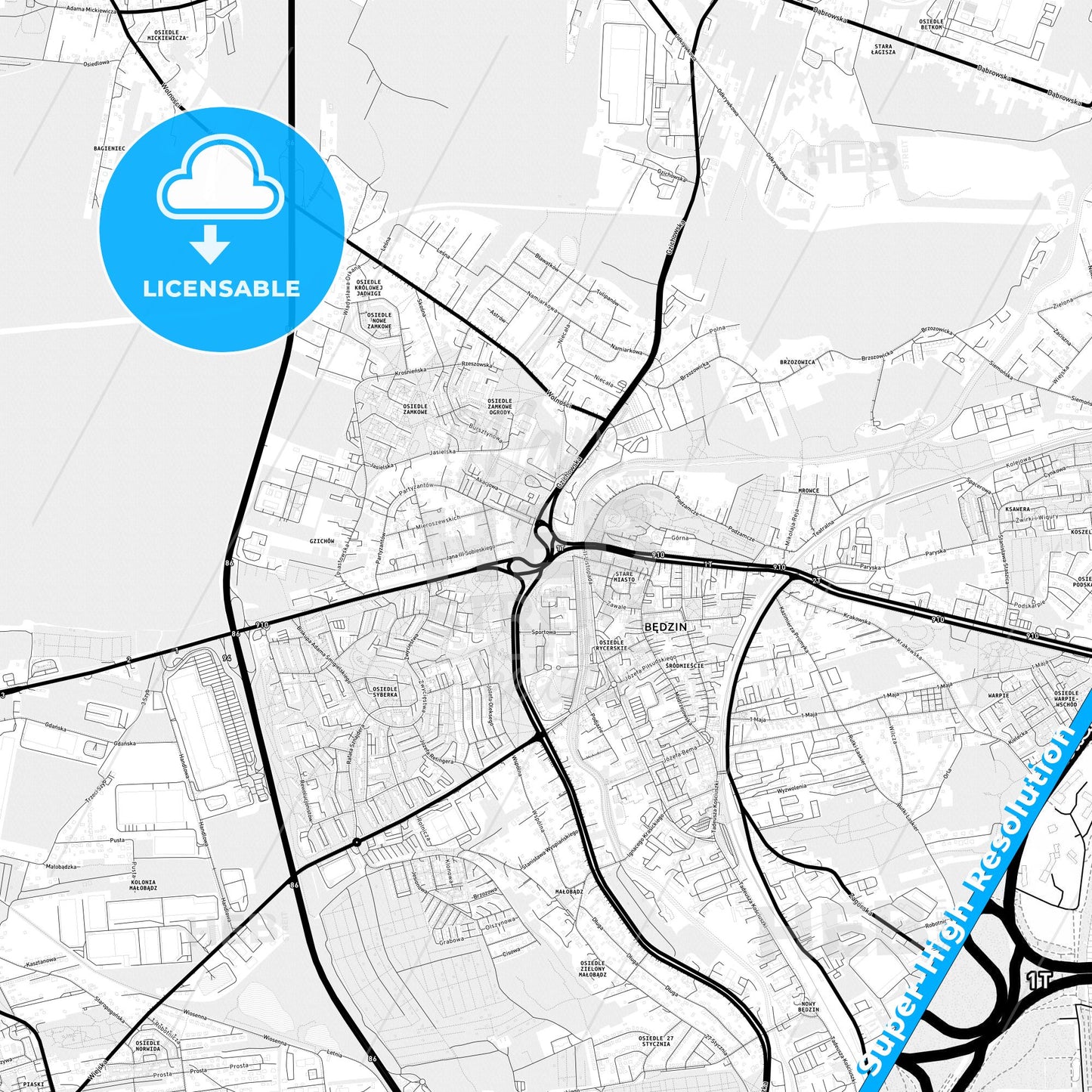 Będzin, Poland Light Map with Street Names, City Names, and Districts